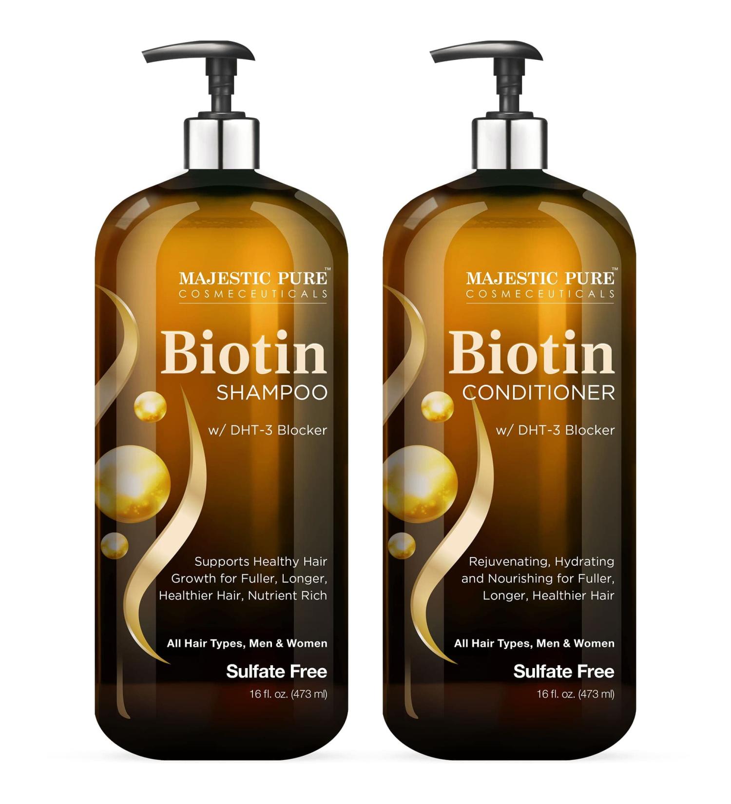 Majestic Pure Biotin Shampoo and Conditioner Set with DHT Blocker - Healthy Hair Growth, Sulfate Free - 16 fl oz each - Buy Online on GoSupps.com