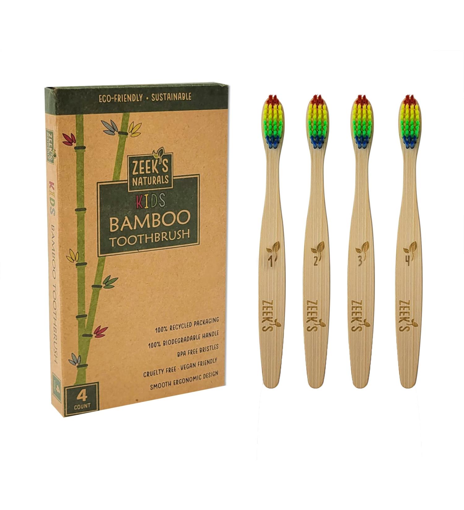 Zeek's Naturals Kids Biodegradable Eco-Friendly Natural Toothbrushes - Pack of 4 - Numbered - Buy Online on GoSupps.com