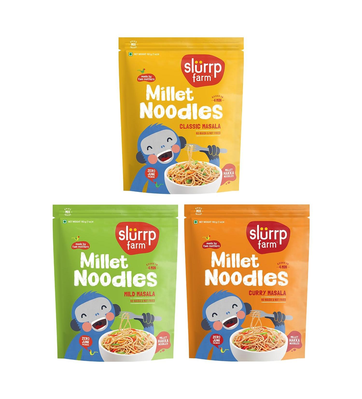 Slurrp Farm No Maida Hakka Noodles Combo Not Fried No MSG Classic Mild and Curry Masala Millet Noodles Pack of 3 X 192 g - Buy Online on GoSupps.com