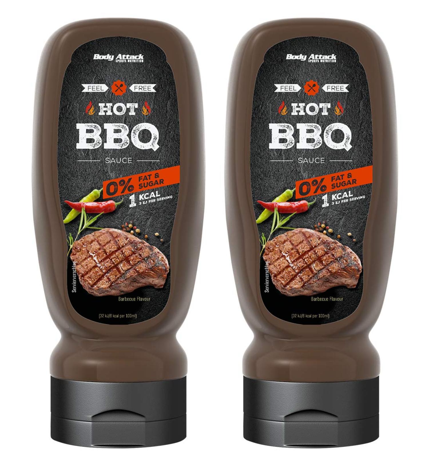 Body Attack Grill Sauce Hot BBQ 2x 320ml / 2x 32 Portions - Made in Germany - low -calorie sauce perfect for grilled food little fat & sugar lactose -free ideal for cooking for diet phases Hot BBQ 320 ml (2 Pack)