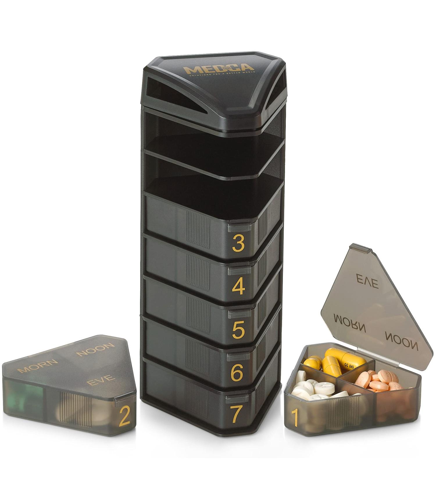 MEDCA Moisture Proof Weekly Pill Organizer - BPA Free Stackable Box for Pills & Vitamins - 3 Daily Compartments - Black - Buy Online on GoSupps.com