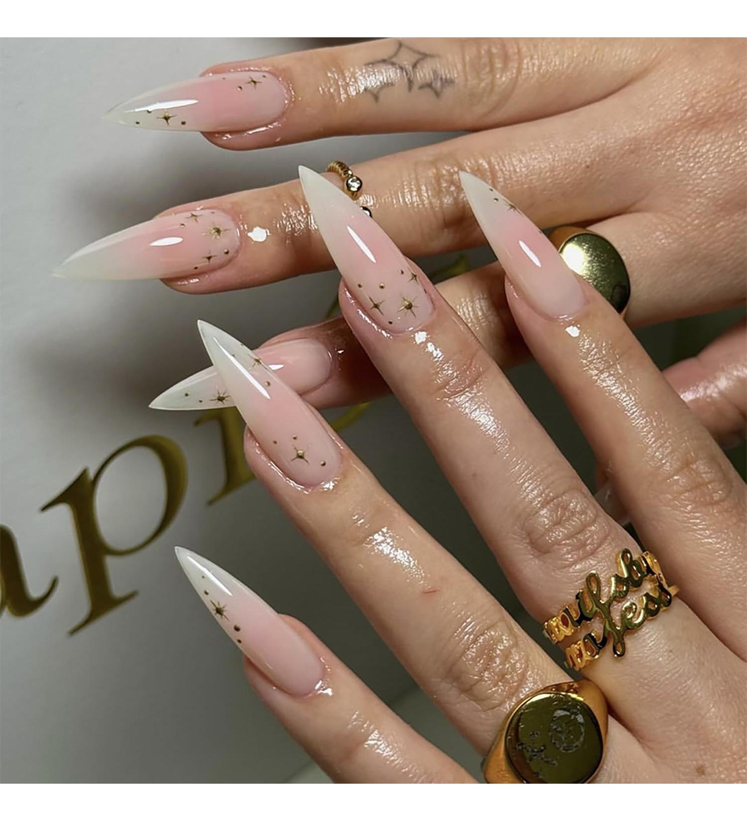 Glossy Almond Stiletto Press On Nails | Gradient Star Design Acrylic Nail Tips - Medium Long Full Cover Fake Nails for Women - Buy Online on GoSupps.com