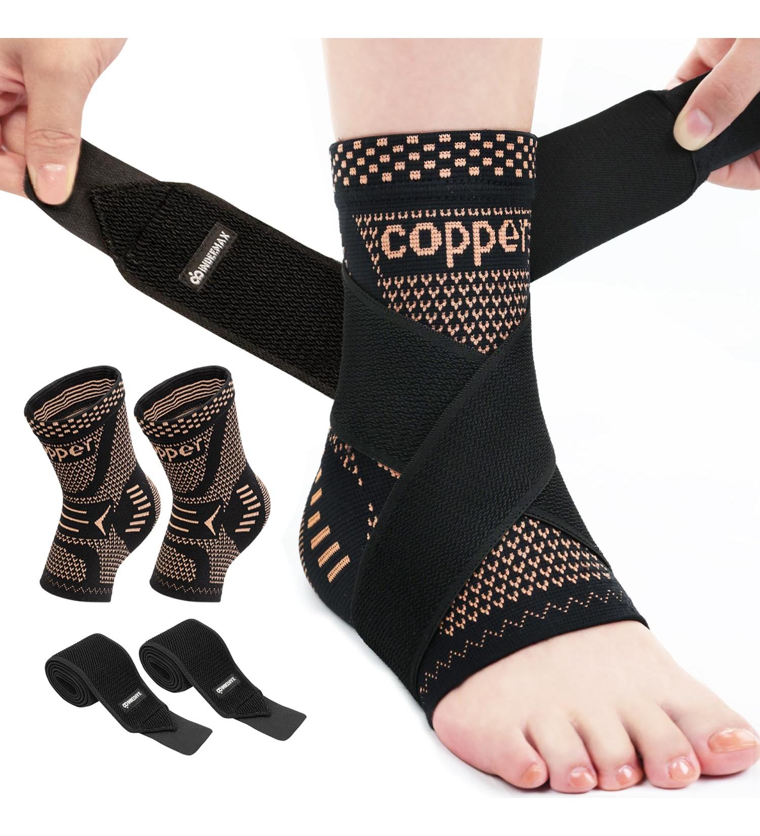 INDEEMAX Ankle Brace for Men & Women | Copper Infused Compression Sleeve for Sprained Ankle Plantar Fasciitis & Achilles Tendonitis Pain Relief - Medium Copper Black - Buy Online on GoSupps.com
