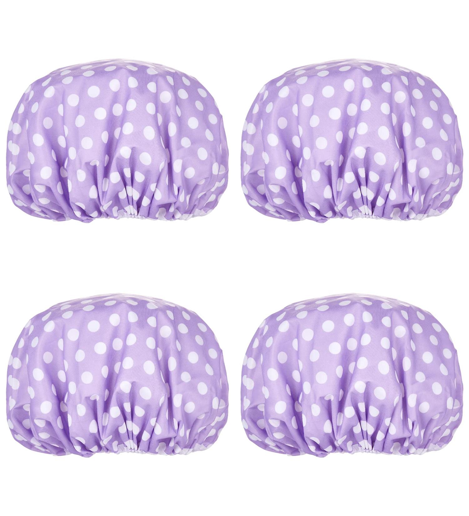 Eslite Waterproof Double Layers Shower Caps for Women - Pack of 4 (Purple White Dot) - Buy Online on GoSupps.com