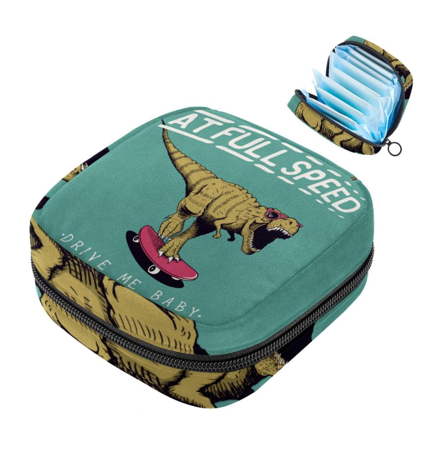 Dinosaurs Green Women's Binding-Up Bag | Large Menstrual Cup Pocket & Zipper | Multi-Colored Inserts for Tampons & Panty Liners | Ideal for Girls & Women - Buy Online on GoSupps.com
