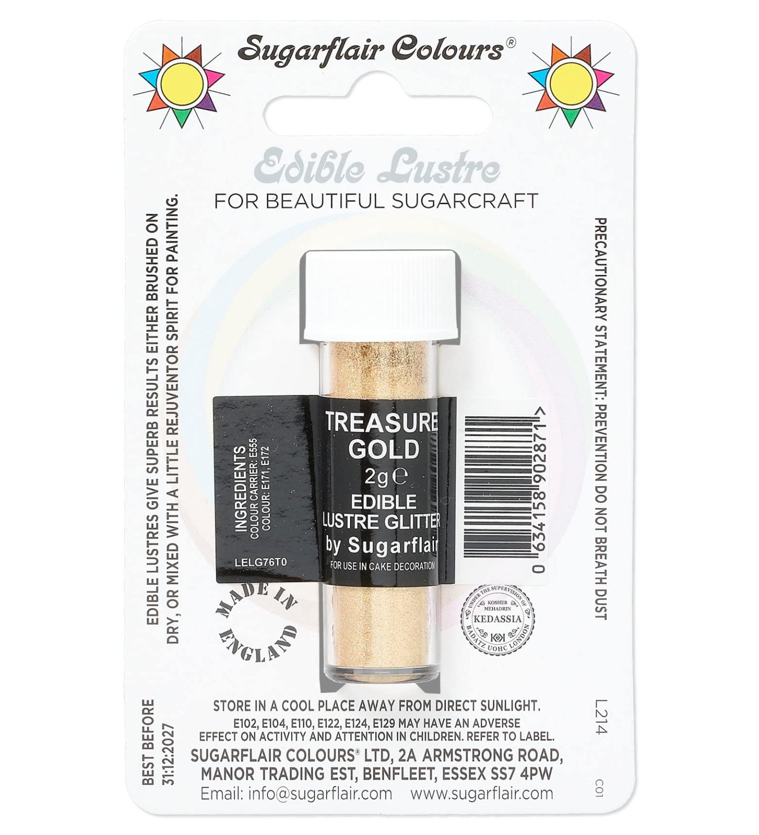 Sugarflair Treasure Gold Edible Lustre Glitter Add a Lustrous Shine to Cakes or Decorations. Brush On or Add Rejuvenator to Create Eye-Catching Edible Paint - 2g