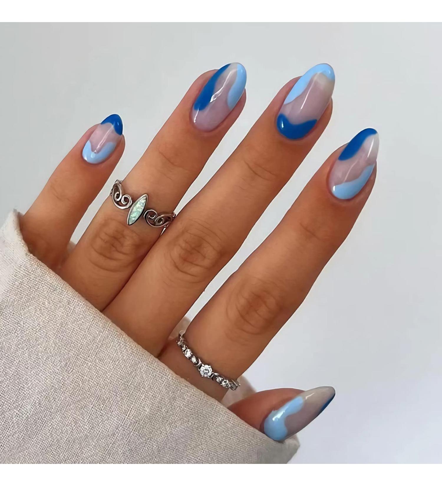 24 Pcs Blue Press on Nails - Short Oval Shape Almond Glossy False Nails with French Stripe Wave Design - Artificial Finger Manicure for Women and Girls - Buy Online on GoSupps.com