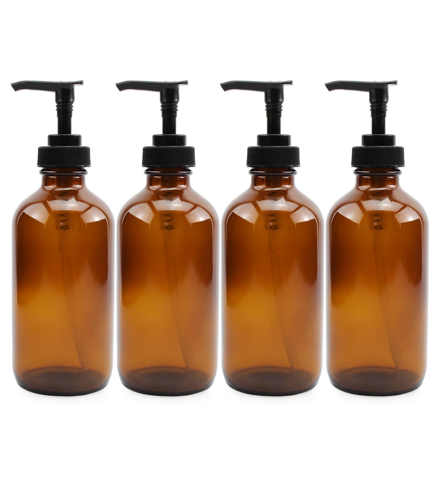 8oz Amber Glass Pump Bottles (4-Pack) - Boston Round for Lotion - Black Plastic Pumps - Empty - Buy Online on GoSupps.com