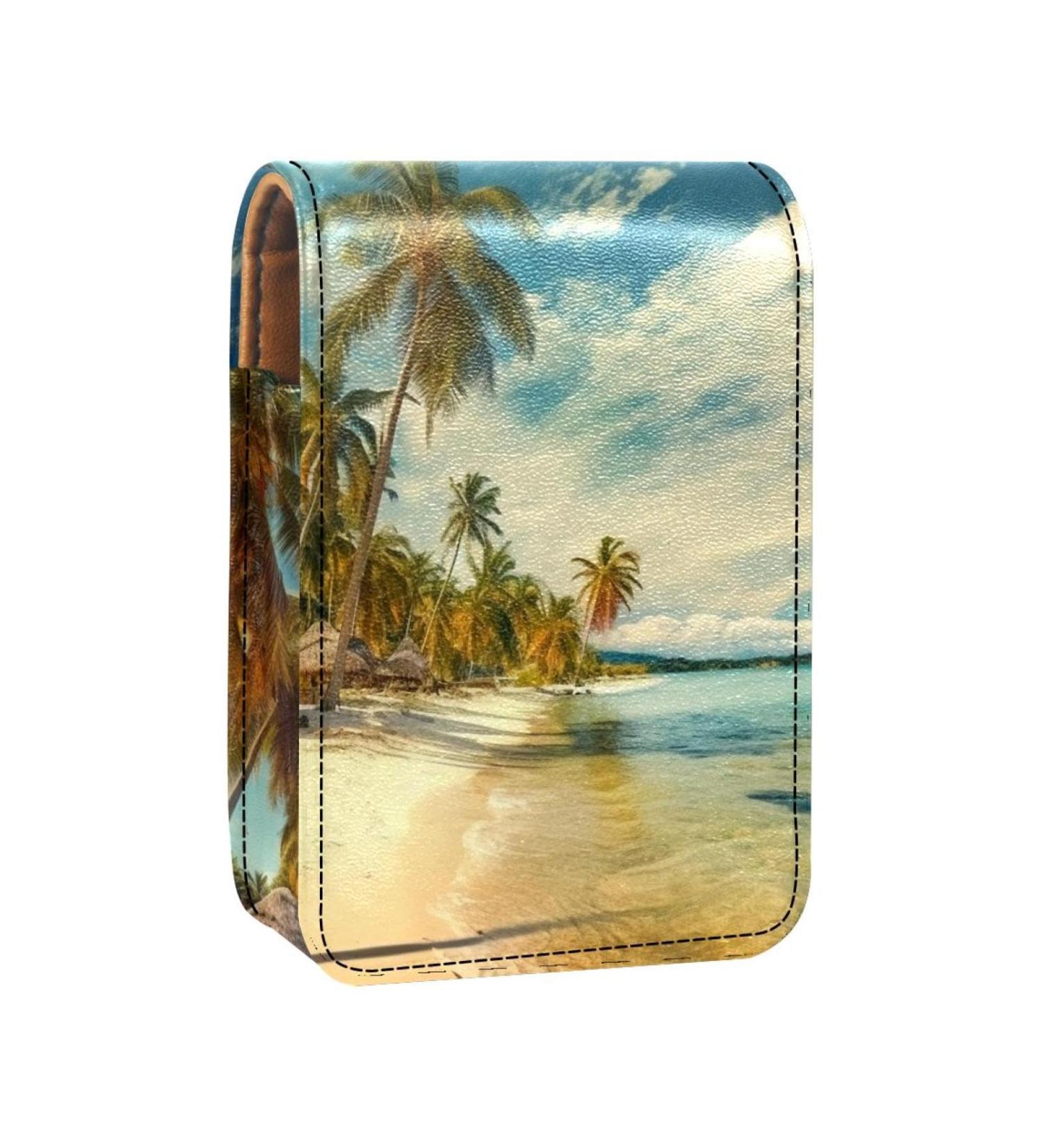 Travel Lipstick Organizer Case | Portable Makeup Bag with Mirror | Tropical Beach Sea View Design - Shop Now - Buy Online on GoSupps.com