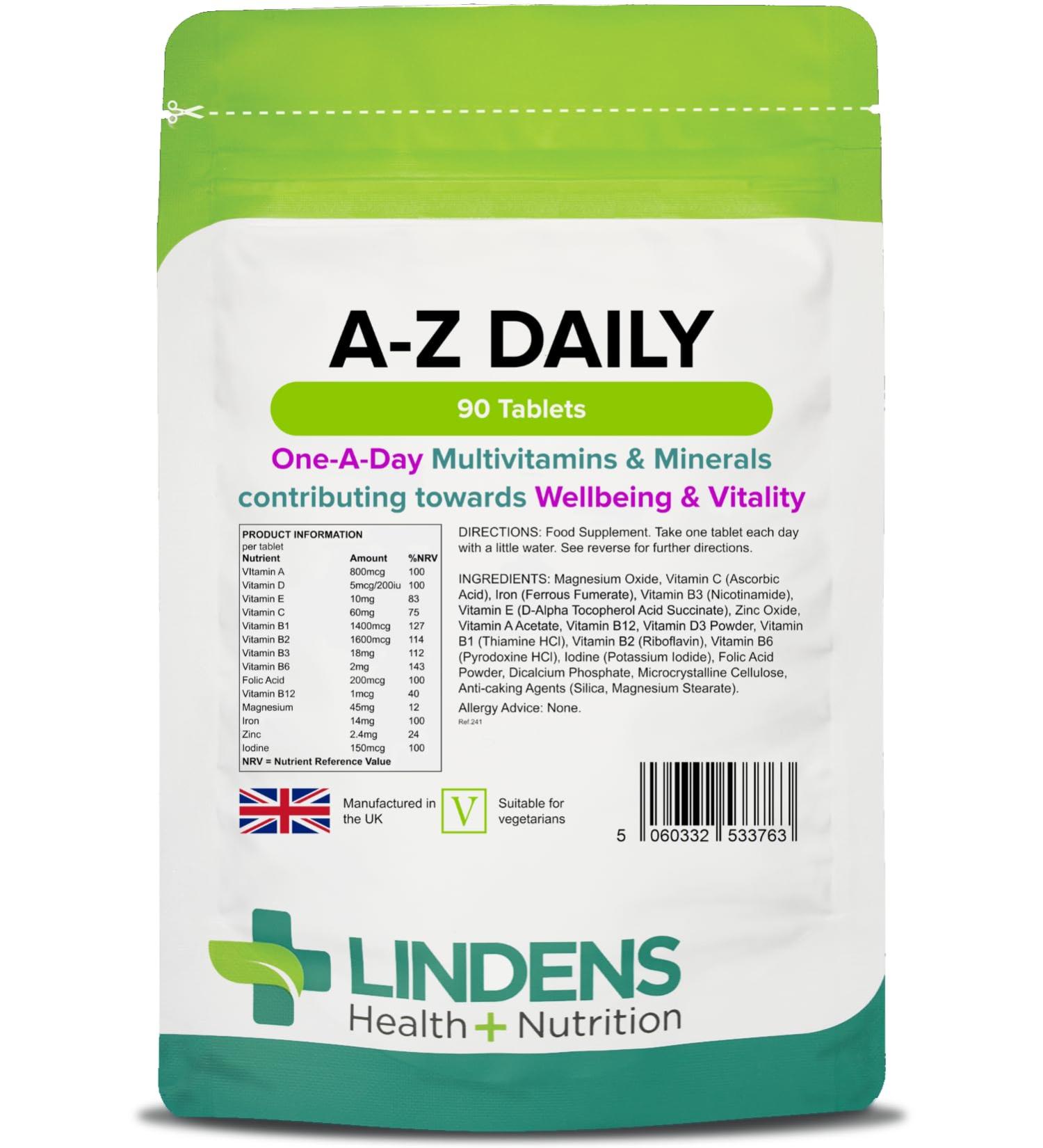 Lindens Multivitamin A-Z Daily Tablets - 90 Pack UK Made Perfect Vitamin & Mineral Balance of Vitamin A C D E B1 B2 B3 B6 B12 Folic Acid Magnesium Iron Zinc & Iodine - Letterbox Friendly 90 count (Pack of 1) - Buy Online on GoSupps.com