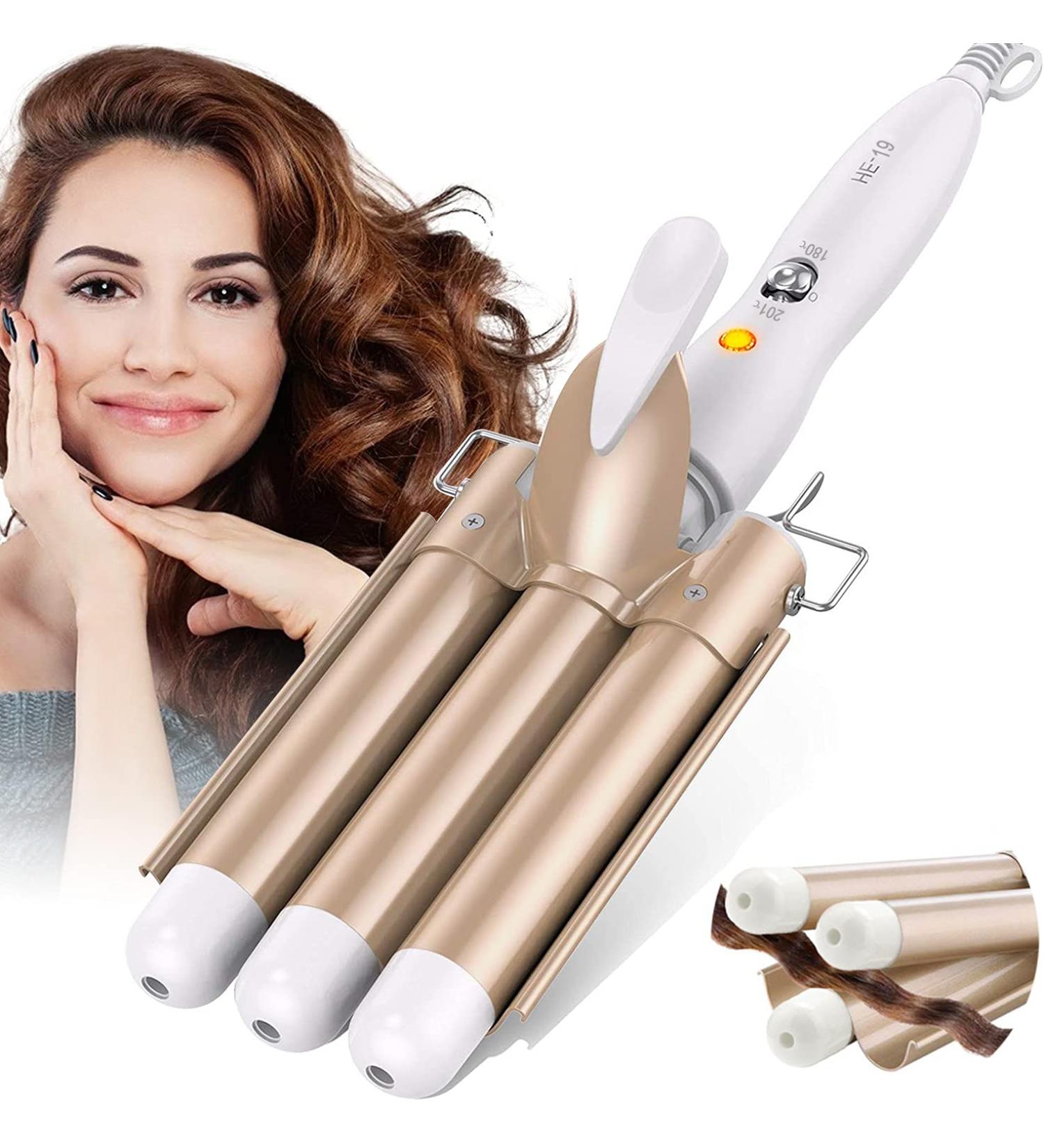 Lockenstab 3 Triple Barrels - 25mm Wave Iron for Beach Waves & Curls | Tourmaline Ceramic Digital Temp Display | Perfect for Long/Short Hair - Gold Finish - Buy Online on GoSupps.com