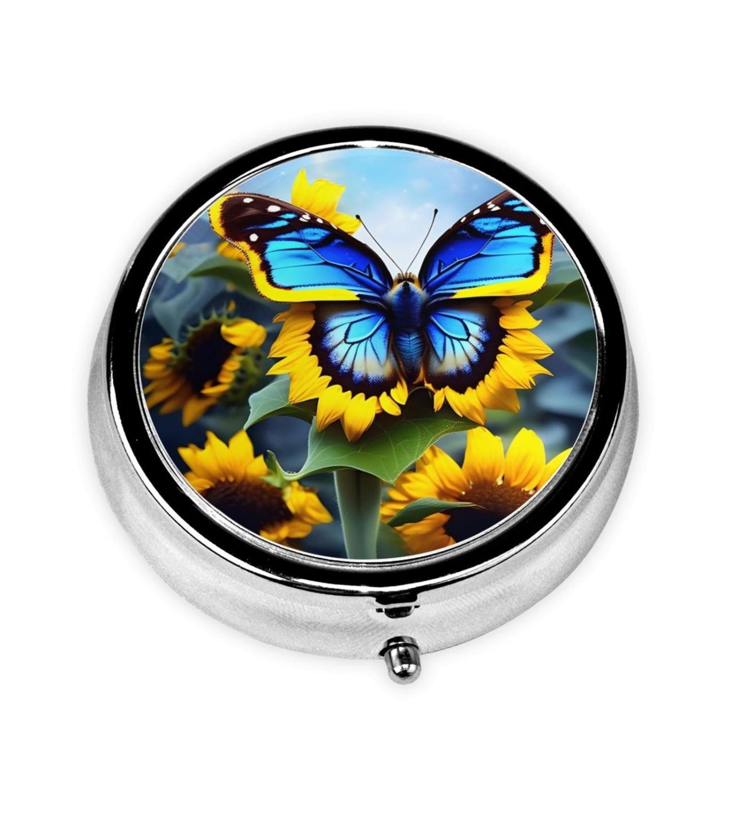 Sunflower Blue Butterfly Round Pill Box | 3 Compartment Portable Travel Organizer | Ideal for International Shipping - Buy Online on GoSupps.com