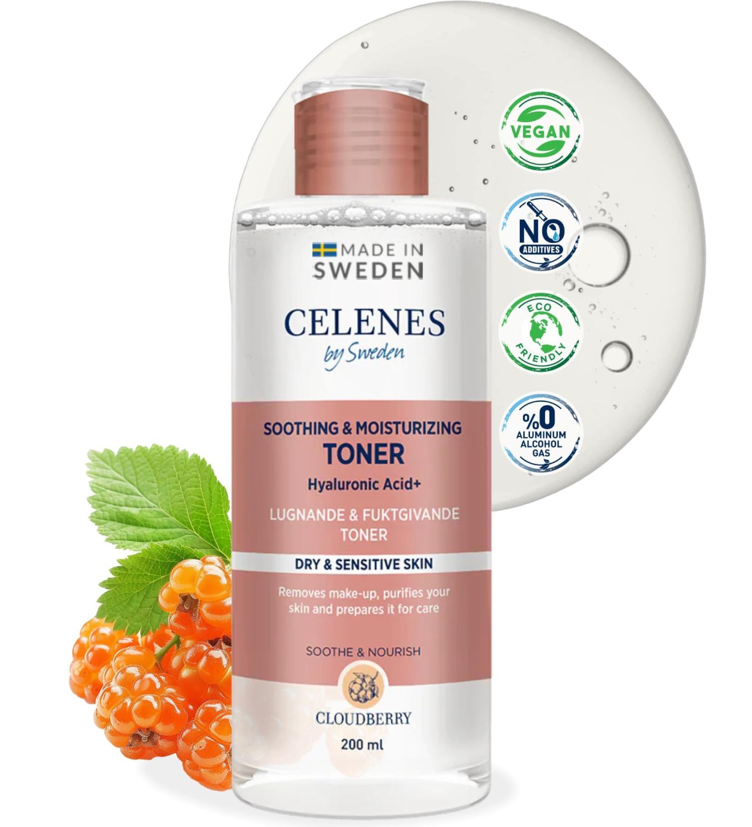 Celenes by Sweden Cloudberry Glycolic Acid Toner 200 mL Hydrating Toner & Vitamin C Niacinamide Toner - Soothing & Brightening Toner - Face Toner for Sensitive Skin & Dry Skin Paraben/Alcohol Free Dry & Sensitive Skin - Buy Online on GoSupps.com