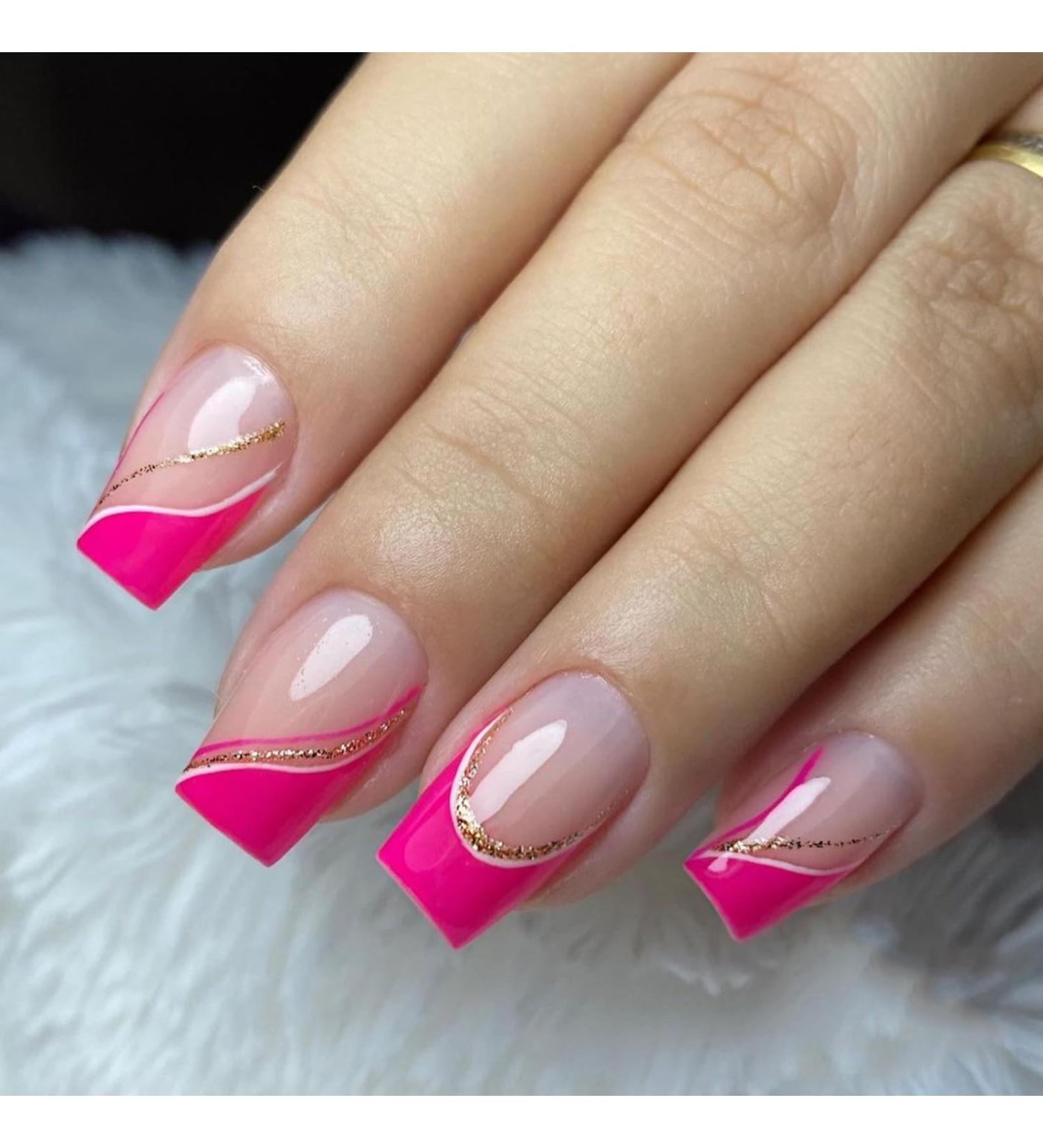 24 Pieces Short Press On Nails - Rose Red Angular French Acrylic Full Cover with Gold & White Lines | Perfect Fake Nails for Women & Girls - Buy Online on GoSupps.com