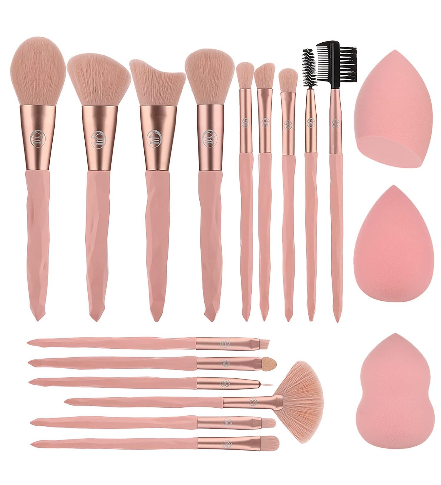15Pcs Pink Makeup Brushes Set with 3Pcs Sponges - Professional Synthetic Brushes for Women and Kids - Face, Eyes, and Blush Makeup Tools - Buy Online on GoSupps.com