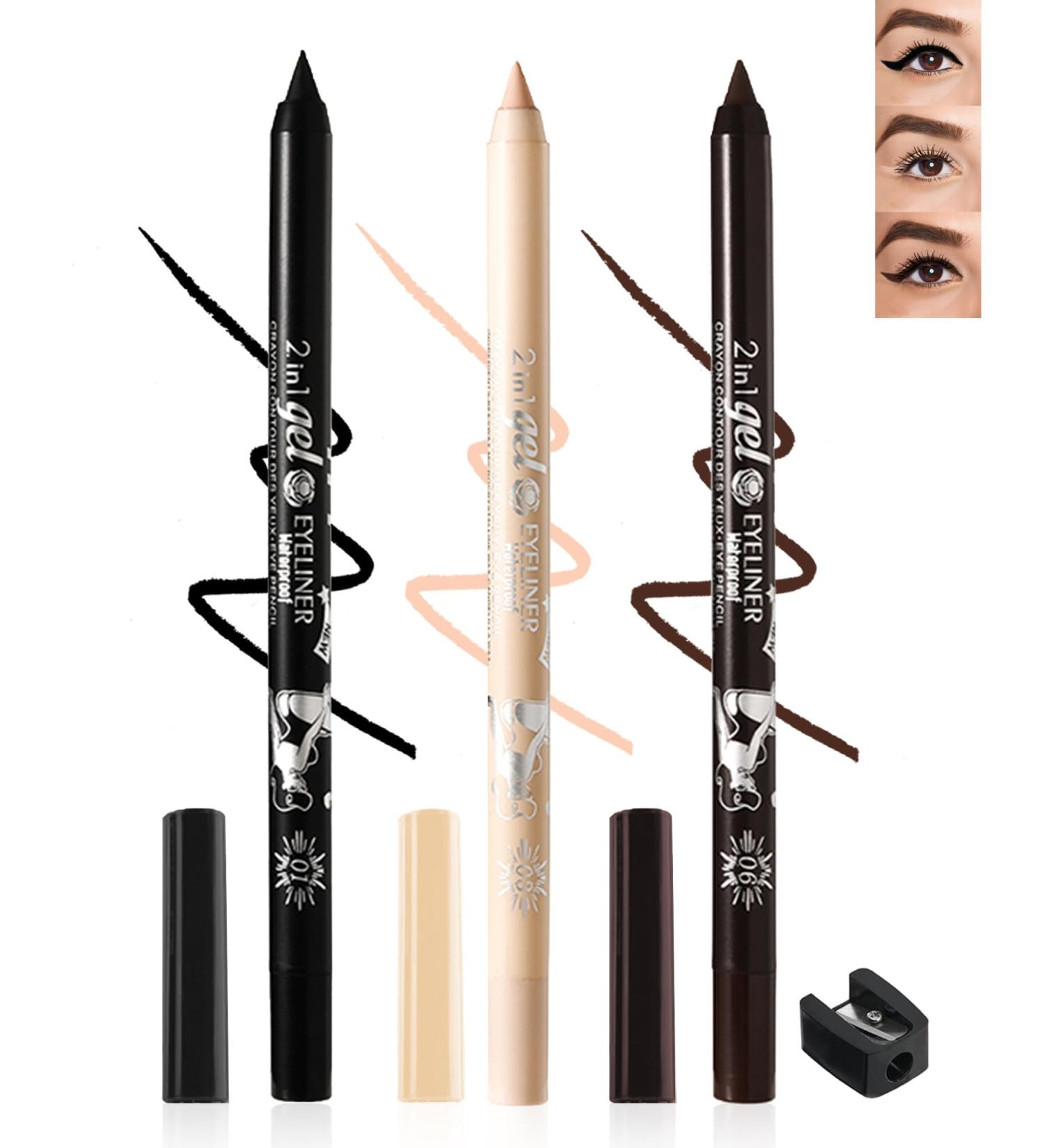 Black Nude Brown Colored Eyeliner Pencil Set-3Pcs Multi-Use Gel Eye Liner Eyeshadow Pen Waterproof Smudgeproof Long Lasting Water Line Pencil Professional Eye Makeup for Women with Pencil Sharpener 01 Black+03 Nude +06 Brown - Buy Online on GoSupps.com