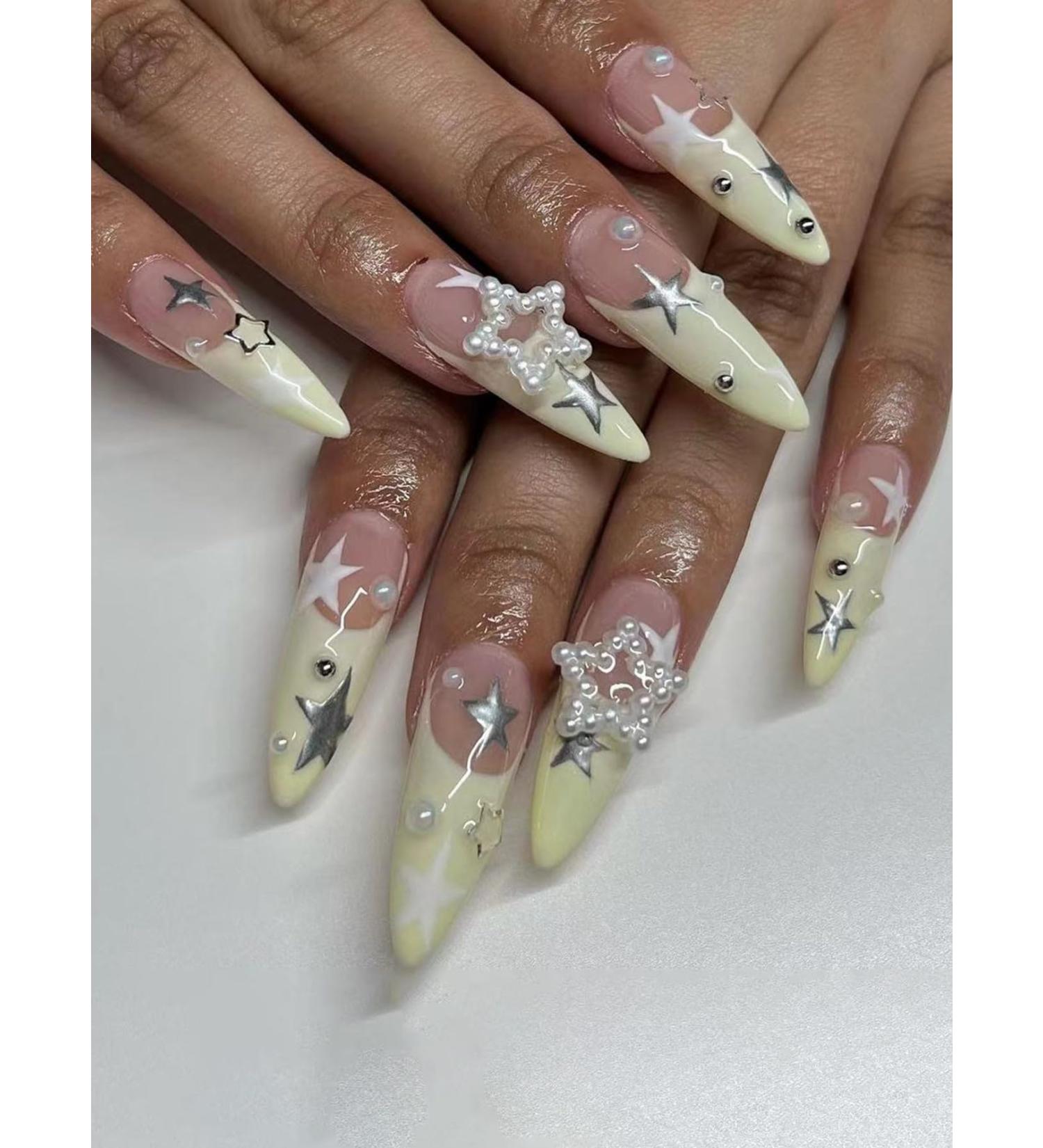 24pcs Yellow Edge White Pearl Coffin Fake Nail Star Press on Nails Rhinestone Decor Long Coffin Nails Luxurious Nails Acrylic Nails Fake Nails For Women Girls - Buy Online on GoSupps.com