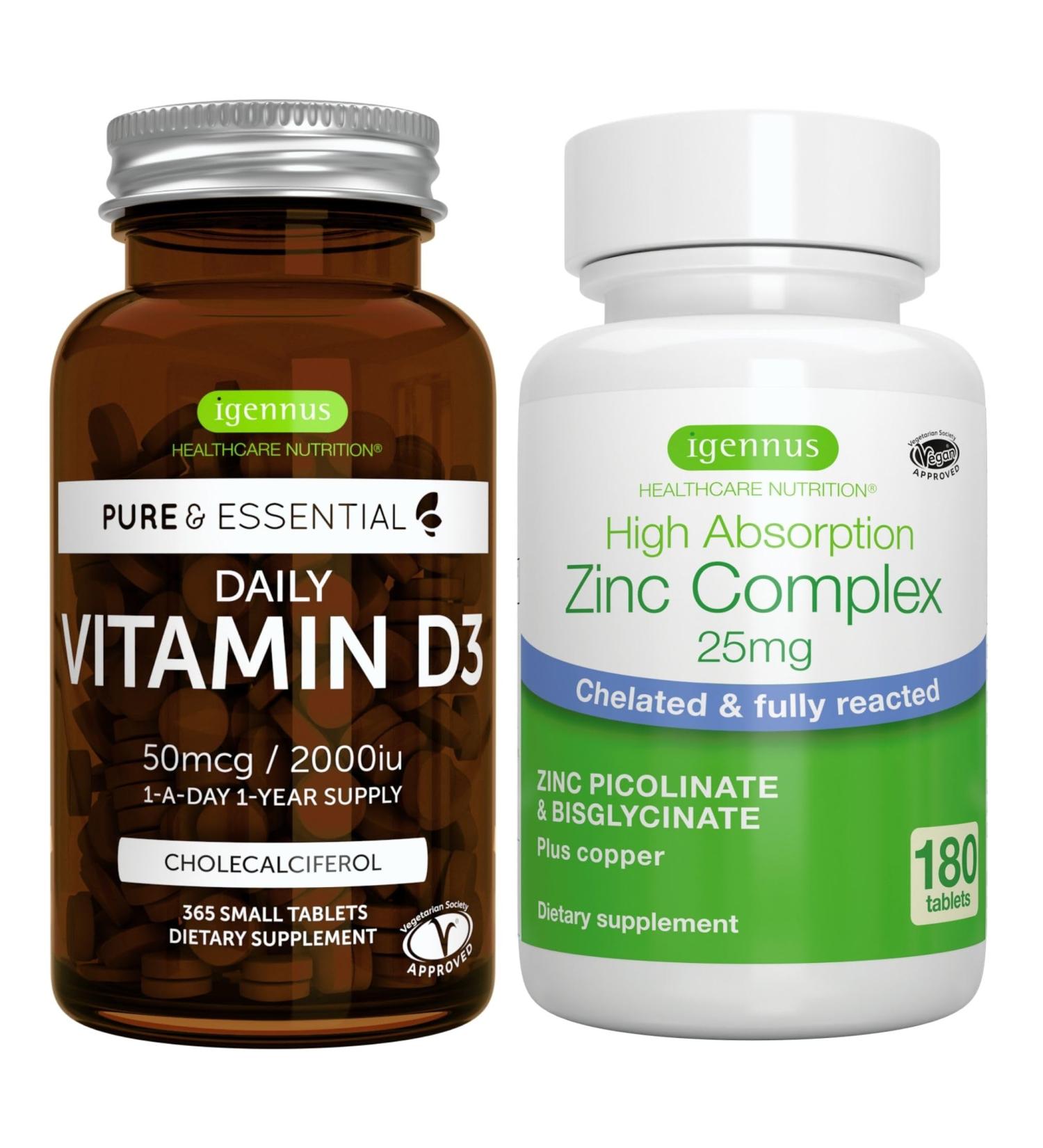 Daily Vitamin D3 + Zinc Complex Vegetarian Bundle 365 2000iu Vitamin D3 Tablets + 25mg Chelated Zinc Picolinate & Bisglycinate with Copper by Igennus - Buy Online on GoSupps.com