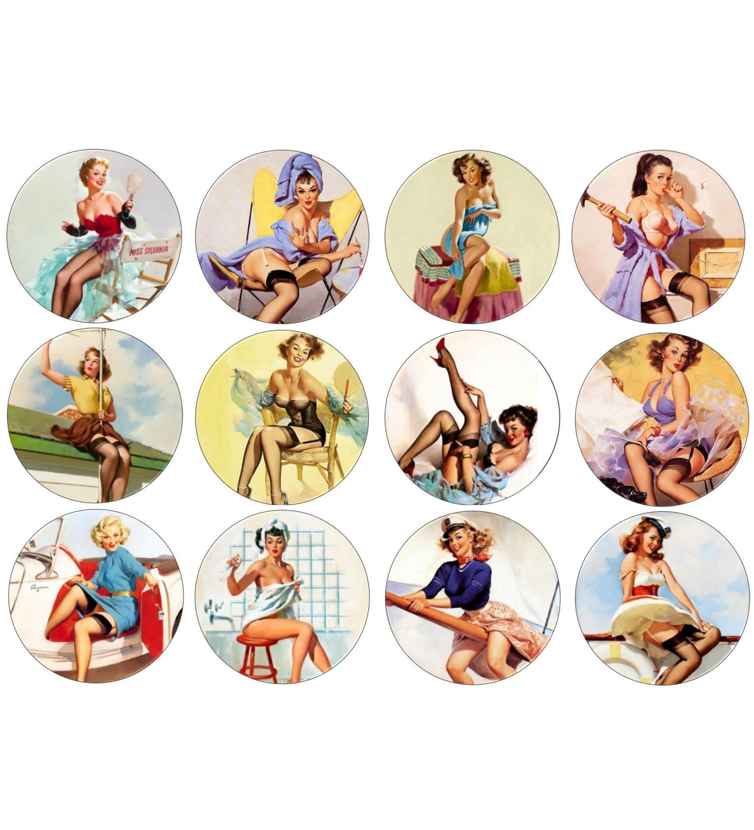 24 x Pin Up Girls - Classic 4.4cm Edible Wafer Card Disc Cupcake Toppers (NOT PRE Cut)
