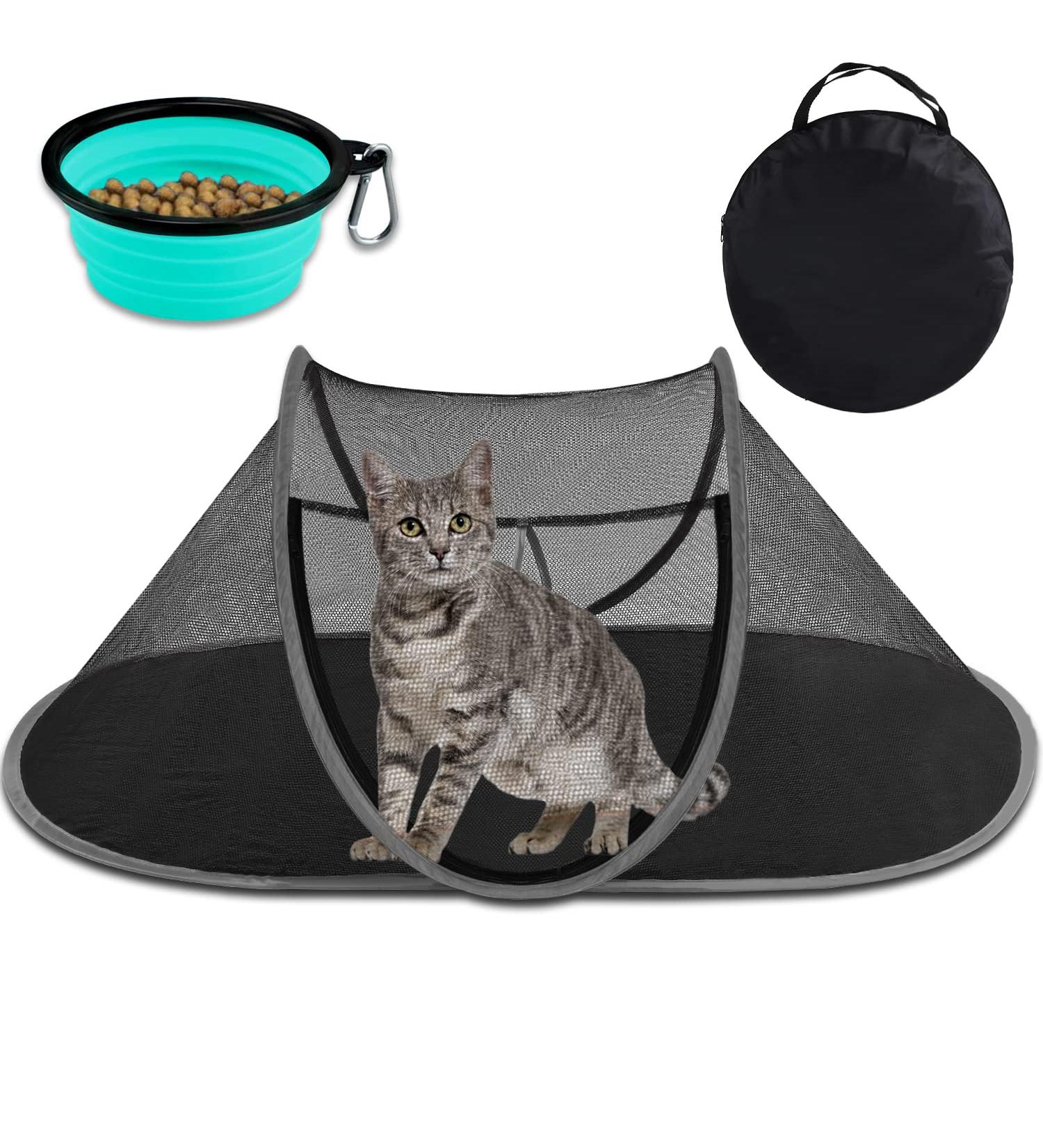 Doyoo Cat Tent: Foldable Pop-Up Outdoor Pet Enclosure for Cats & Small Animals - Portable Indoor Playpen with Carry Bag & Collapsible Bowl (Grey) - Buy Online on GoSupps.com