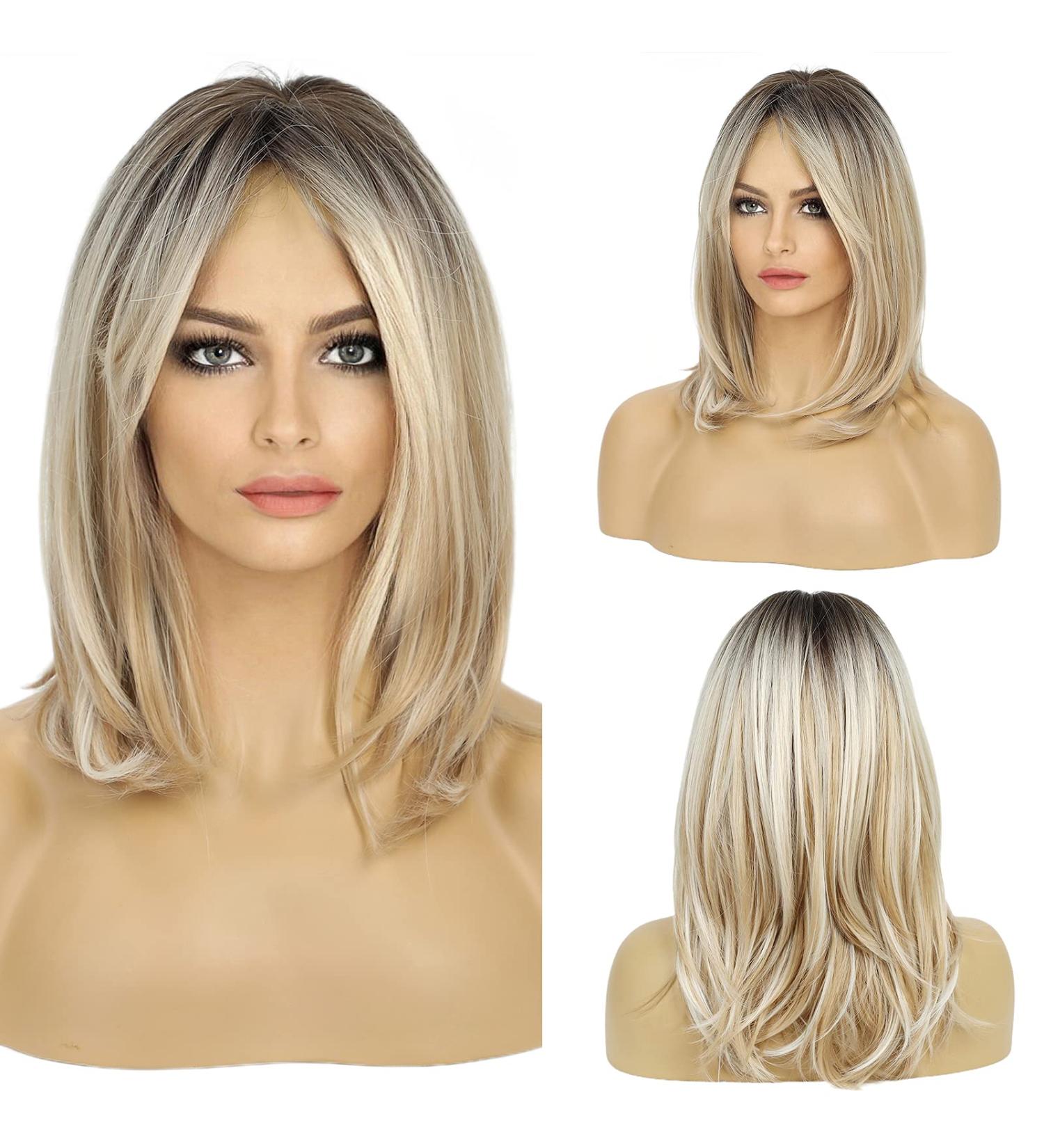 HAIRCUBE Long Blonde Synthetic Wig for Women with Bangs, Ombre Color and Black Roots - Buy Online on GoSupps.com