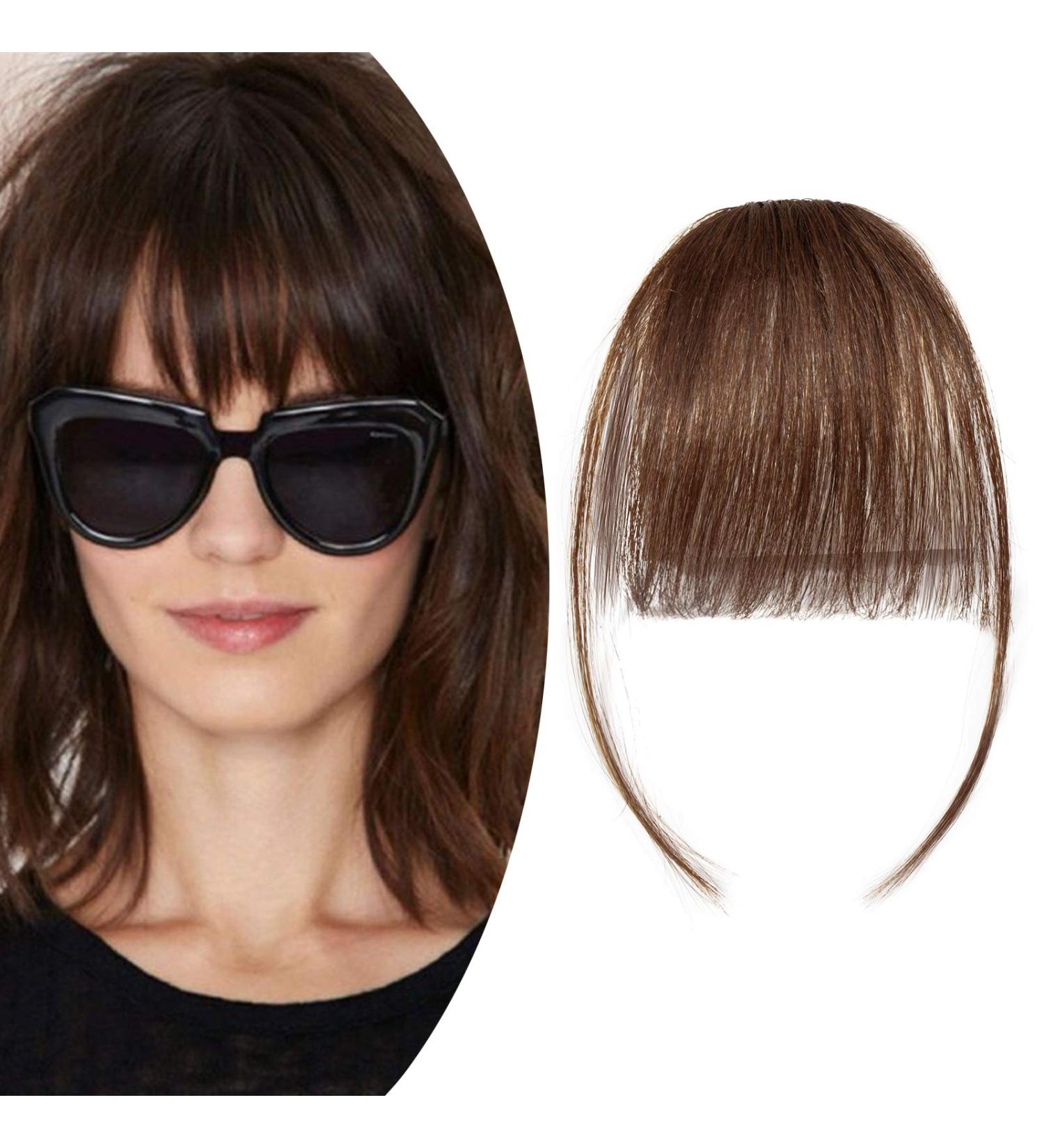 Clip In Bangs - 100% Remy Real Hair Medium Brown Extensions | Natural Smooth Fringe | Air Pony Hair Part #4 - Buy Online on GoSupps.com