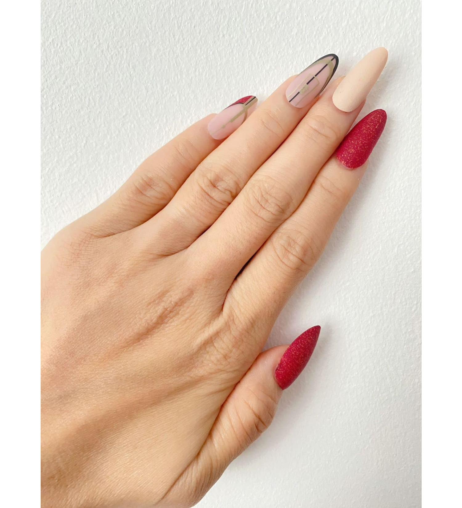 Long Stiletto/Almond Red Matte Glitter with Black Stripe Fake Press On Nails - Buy Online on GoSupps.com