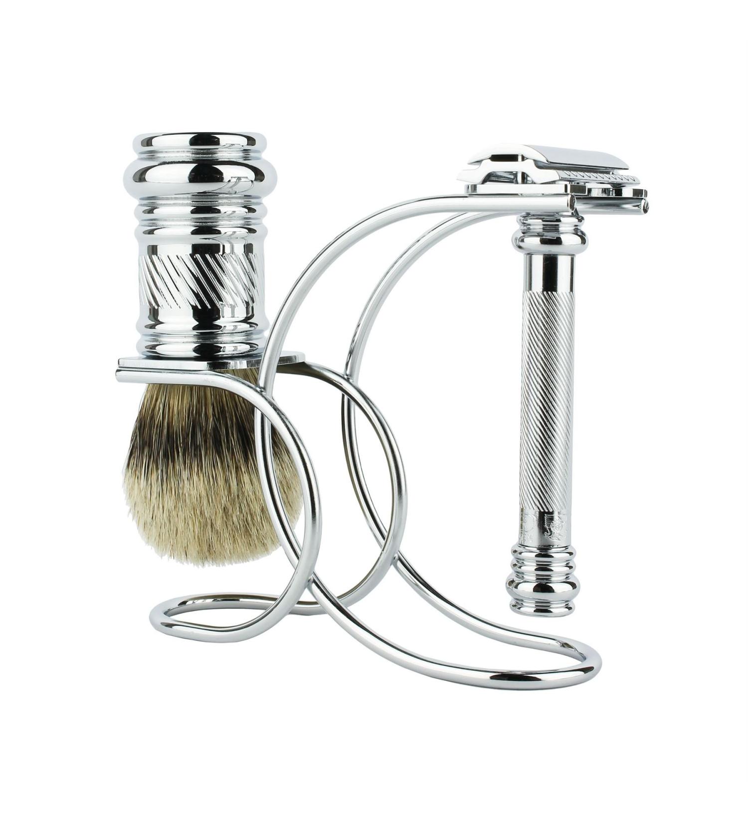 Merkur Merkur Razor Set 3-pieces (Razor 38 001 Shaving Brush Stand) Bright Chrome 1 ct.