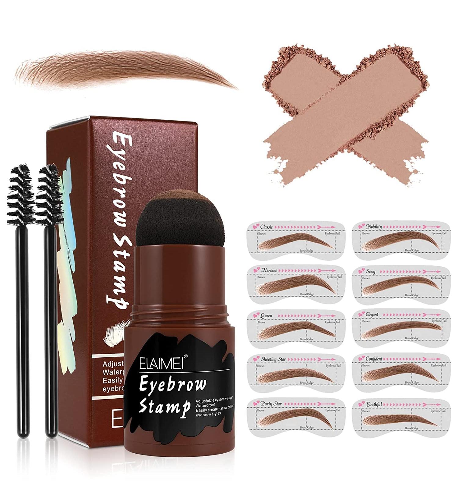 Professional Waterproof Eyebrow Stamp Stencil Kit - 10 Styles, Long Lasting, Buildable Powder, 13 Piece Set, Medium Brown - Buy Online on GoSupps.com