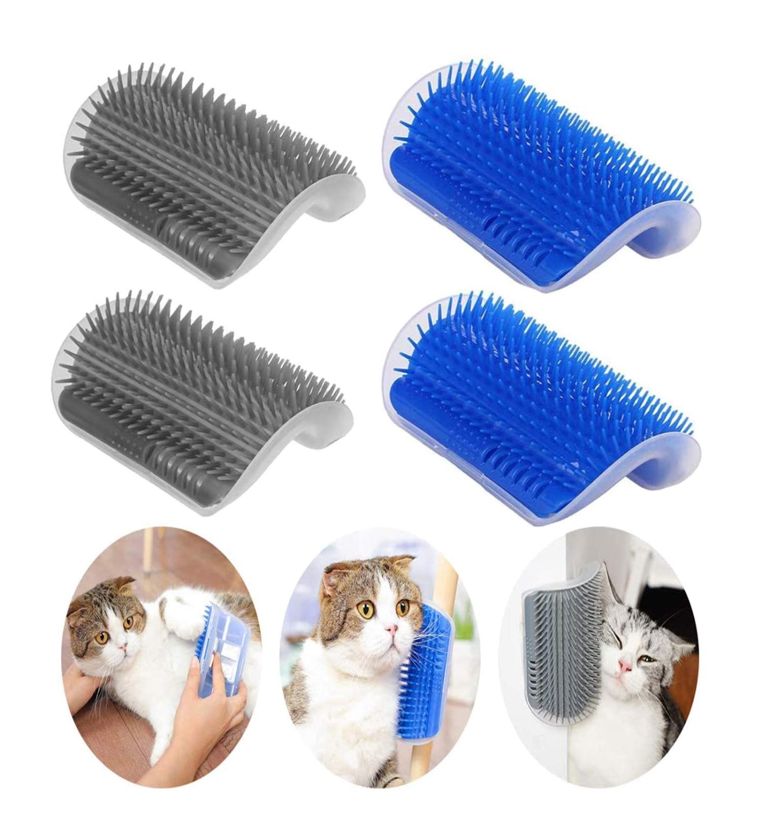 DOUBLE2C Cat Self Groomer 4 Pack with Catnip - Wall Corner Groomers for Long & Short Fur Cats - Soft Face Scratchers Brush & Massage Comb (Blue+Grey) - Buy Online on GoSupps.com
