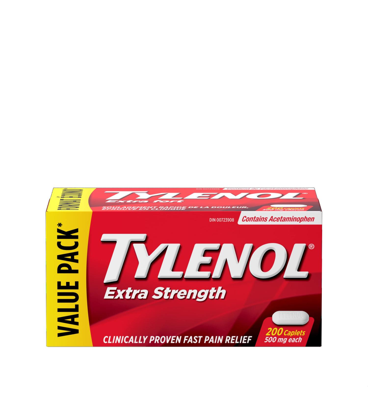 Tylenol Extra Strength VALUE PACK For Pain Relief Headache Relief and Reducing Fever 500 mg Acetaminophen 200 Caplets 200 Count (Pack of 1) Acetaminophen - Buy Online on GoSupps.com