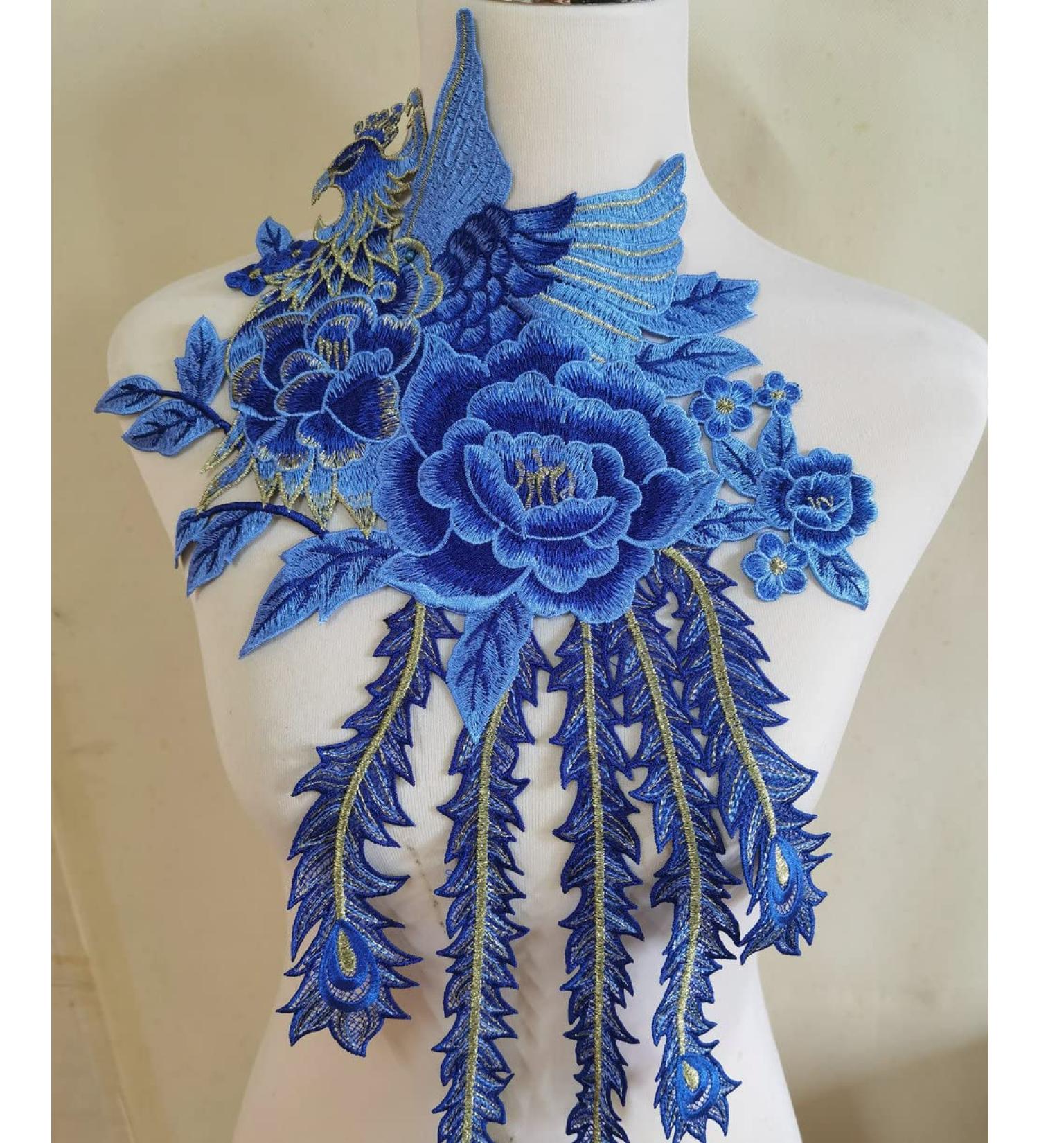 Peacock Flower Embroidered Lace Neckline Collar | Warm Tones Floral Brown Leaf Applique | Sewing Applique Patches | ZALALAA (Blue C) - Buy Online on GoSupps.com