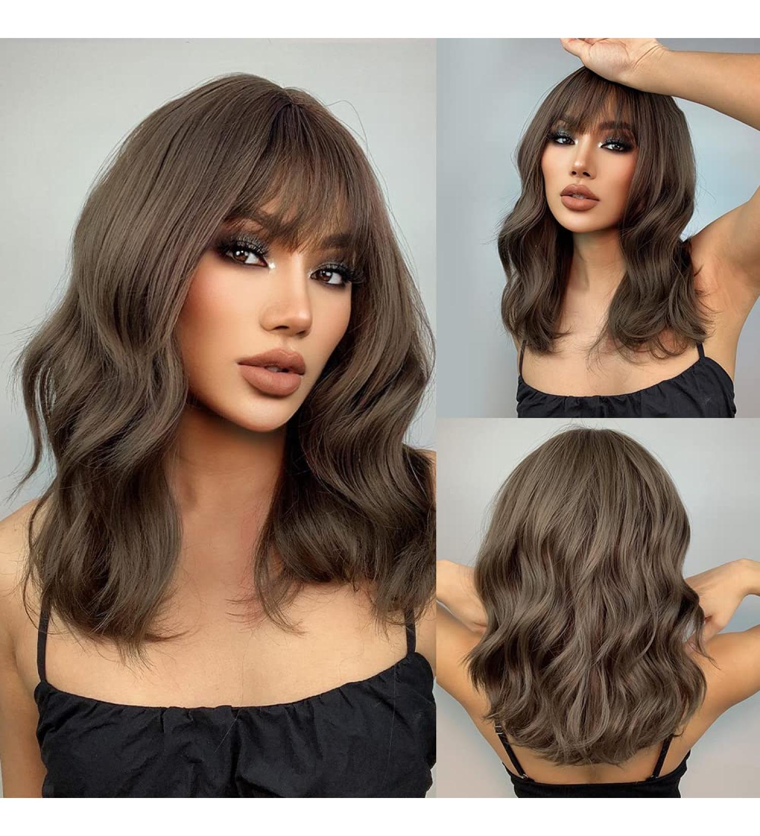 EMMOR Short Curly Wavy Bob Wig with Bangs - Brown | Shoulder Length Synthetic Heat Resistant Wig for Women - Buy Online on GoSupps.com