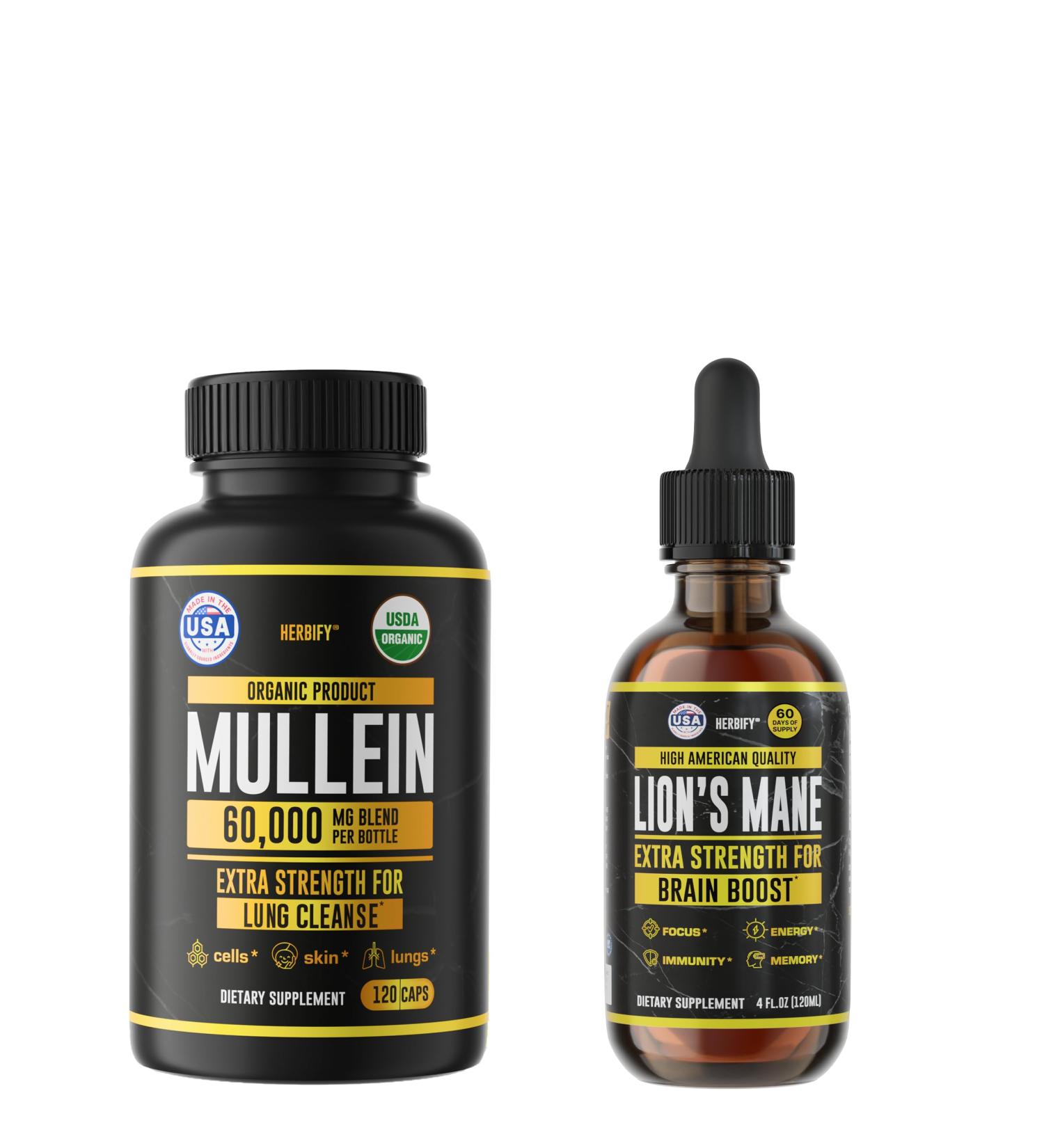 HERBIFY Bundle Mullein Capsules & Lions Mane Tincture - Lung Cleanse Support & Daily Mushroom Supplement for Memory Focus & Clarity - Buy Online on GoSupps.com