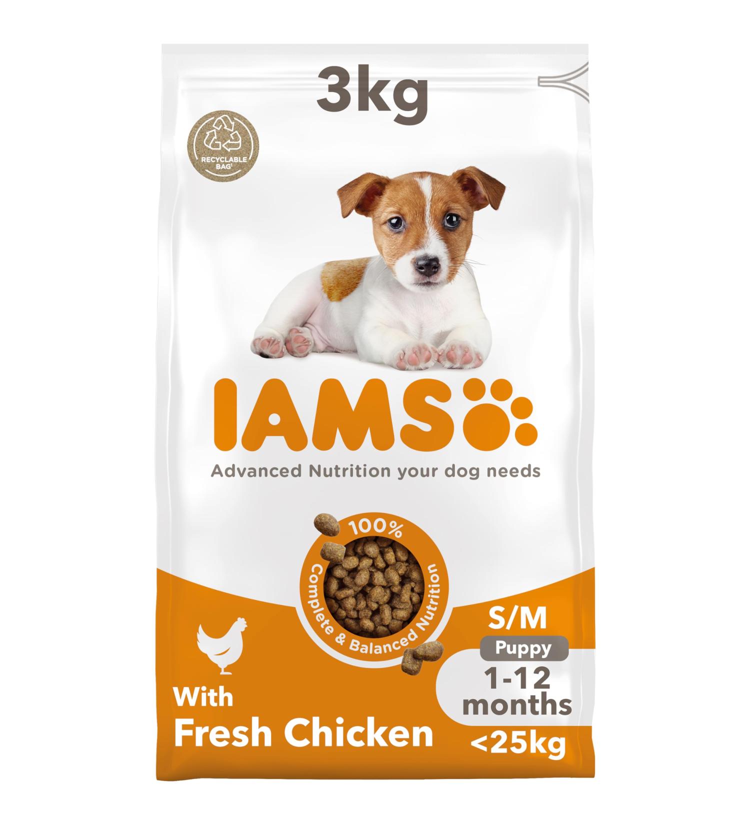 IAMS Complete Dry Dog Food for Puppy Small and Medium Breeds with Chicken 3 kg Small & medium breeds (&lt 25 kg) Chicken 3 kg (Pack of 1) - Buy Online on GoSupps.com