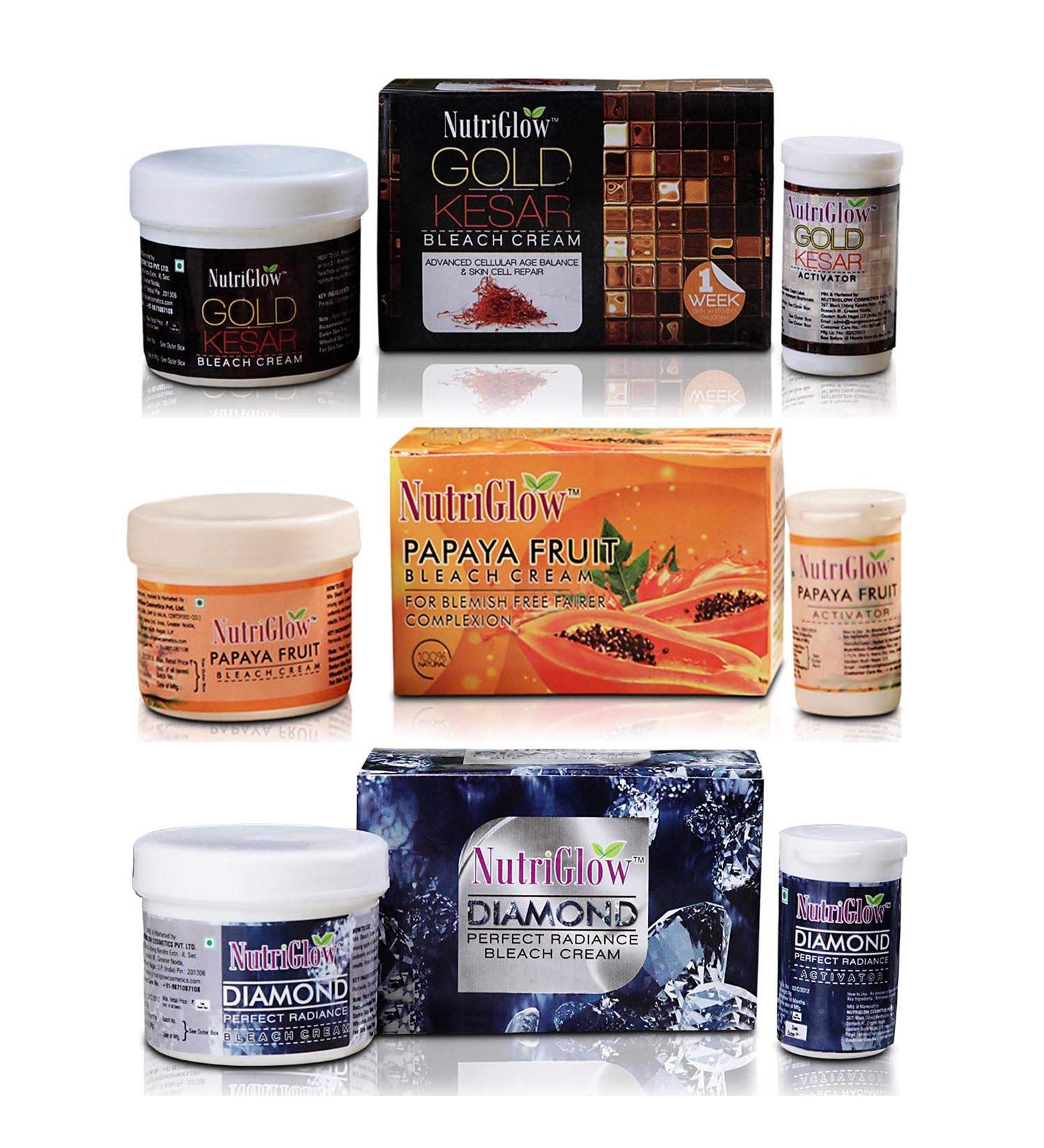 Nutriglow Gold Kesar Bleach Cream Papaya Fruit Bleach Cream Diamond Perfect Radiance Bleach Cream for Lightening Facial Hair Dark Spot Corrector and Tan Removal 43G Each Pack of 3 - Buy Online on GoSupps.com