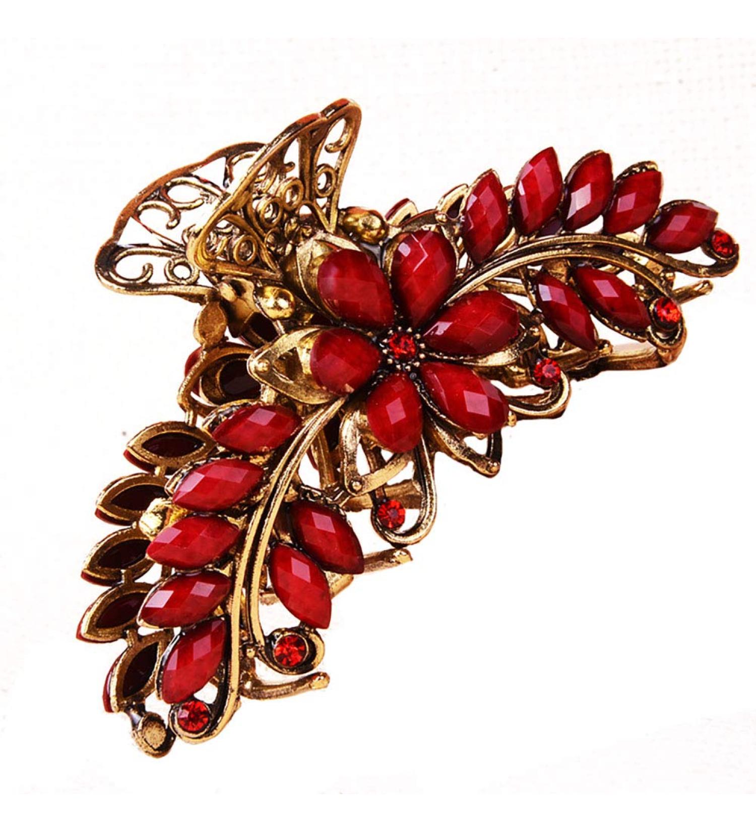 Women Retro Flower Alloy Hair Clip - Large Rhinestone Anti-Slip Red Hair Accessory | Shop Now! - Buy Online on GoSupps.com
