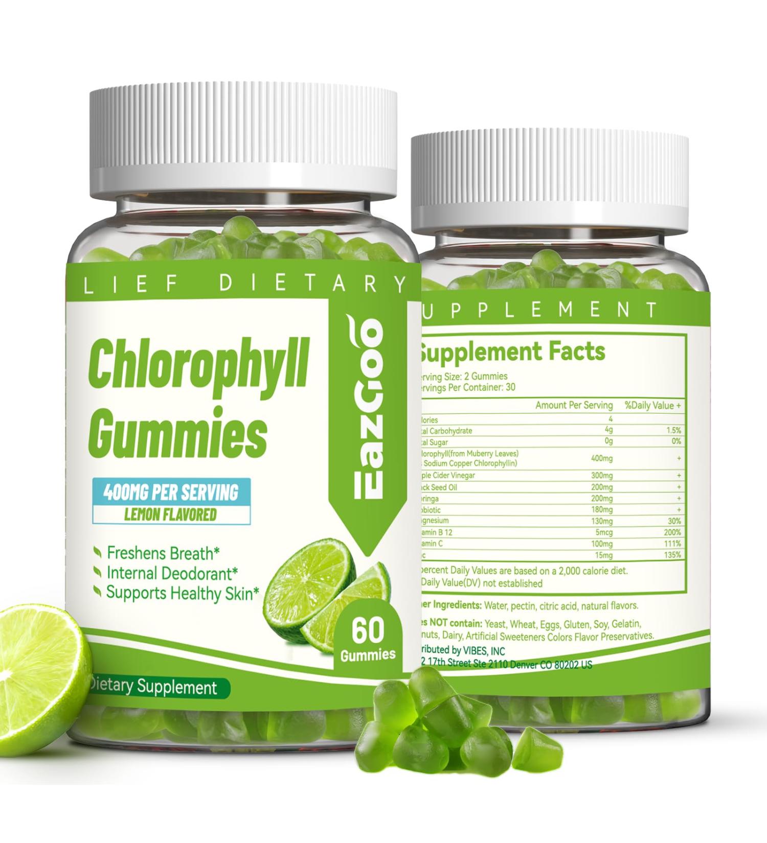 EAZGOO Chlorophyll Gummies for Body Odor Deodorant* 2 Pack Sugar Free Chewable Chlorophyll for Immune Support Women Vegan 120 Count (Lemon) - Buy Online on GoSupps.com
