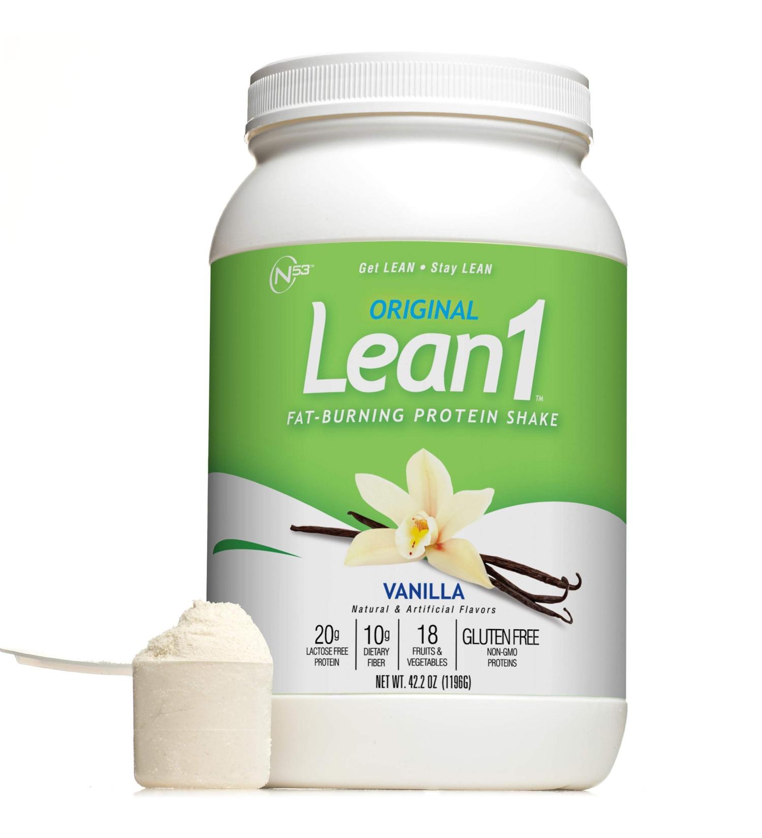 Lean 1 Vanilla Fat-Burning protein Shake by Nutrition 53  Lactose & Gluten Free with Green Coffee Bean Extract  23 Serving Tub - 42 Oz - Buy Online on GoSupps.com