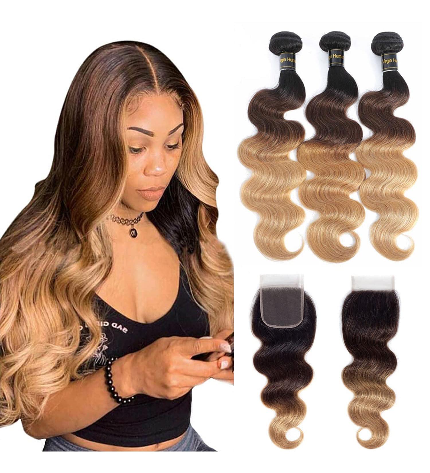 12A Ombre Body Wave Bundles With Closure - Brazilian Virgin Remy Human Hair Extensions in T1B/4/27 - 3 Bundles with 4x4 Lace Closure - Mixed 3 Tone Color - 14 16 18+12 Inches - Buy Online on GoSupps.com