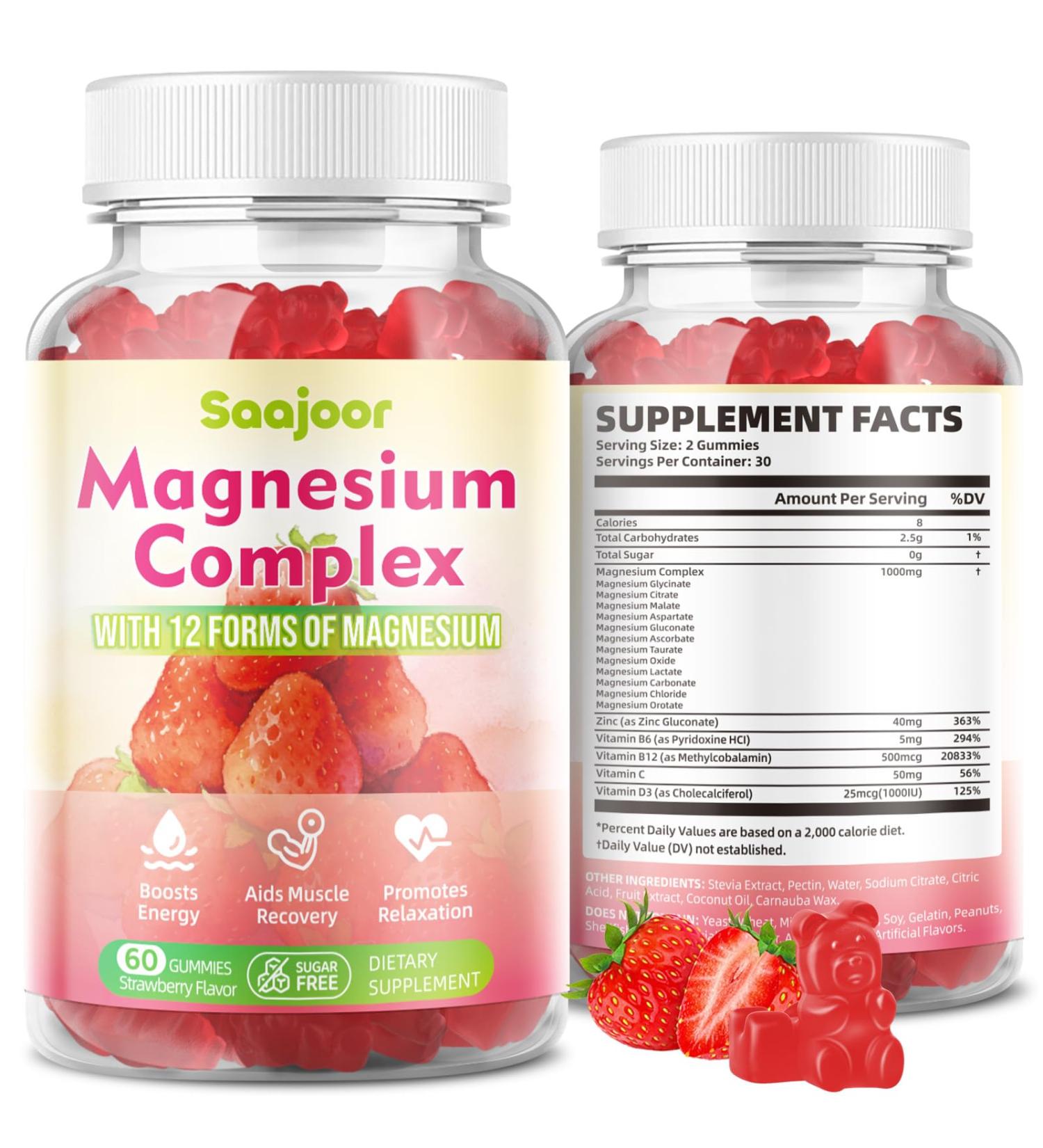 Magnesium Complex Gummies with 12 Forms of Magnesium (Citrate Glycinate Malate Oxide and More) Plus Vitamins B6 B12 and C. for Women and Men Strawberry Flavor 60 Count - Buy Online on GoSupps.com