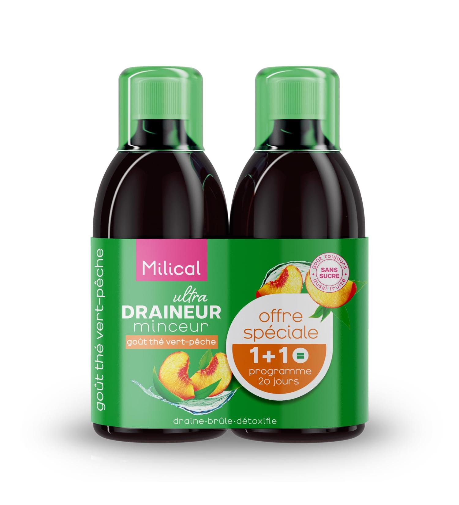 Draineur Ultra | Lot de 2 Flacons de 500 ml | Affine la Silhouette | Laboratoire Milical (Th Vert - P che) - Buy Online on GoSupps.com