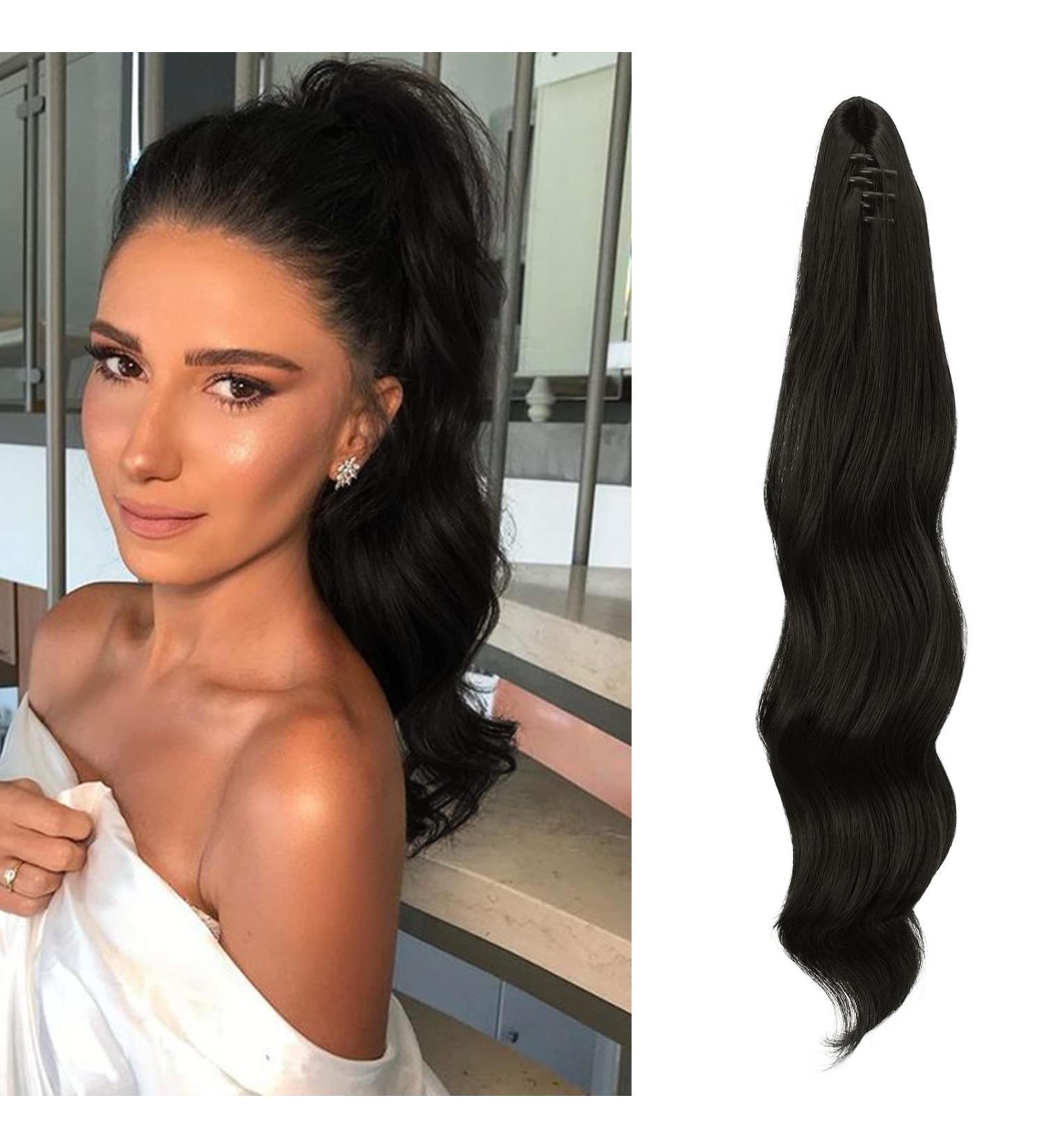 Fine Ponytail Extensions Clamp - 50 cm Wavy Clip-In Hair Extensions for Women - Natural Black Braid - Buy Online on GoSupps.com