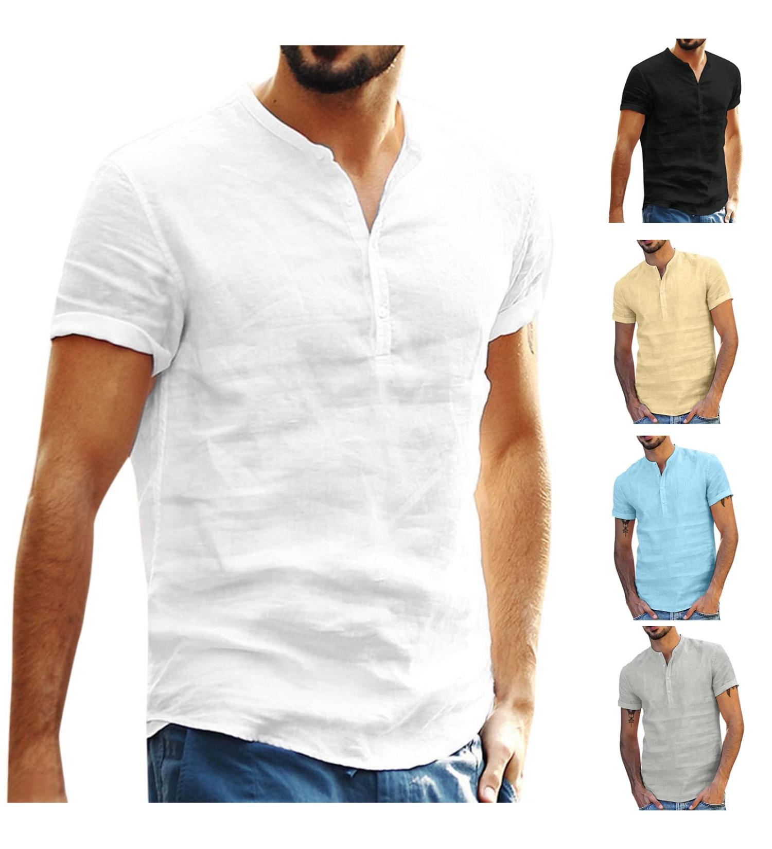 Ykohkofe Men's Casual Cotton Linen Shirt - Solid Color Button Up Beach Tee - White Medium - Buy Online on GoSupps.com