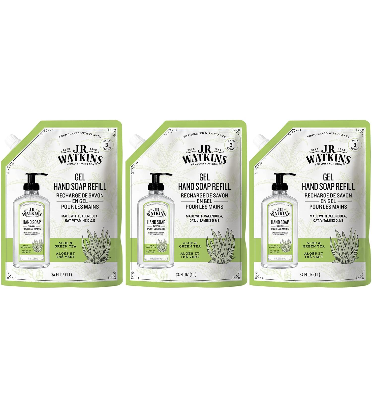 J.R. Watkins Aloe & Green Tea Gel Hand Soap Refill Pouch - 3 Pack, 34 fl oz, USA Made & Cruelty Free - Buy Online on GoSupps.com