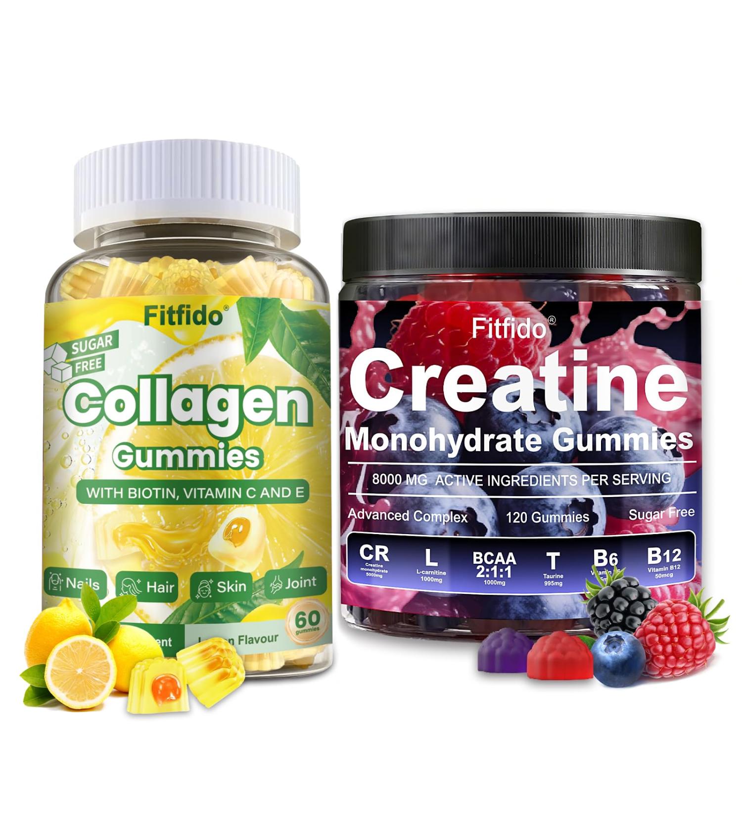 Fitfido Creatine Monohydrate Gummies 8000mg + Collagen Gummies Support for Thick Hair Strong Nails & Healthy Skin Vegan Sugar Free 2-Pack Supplement Bundle - Buy Online on GoSupps.com