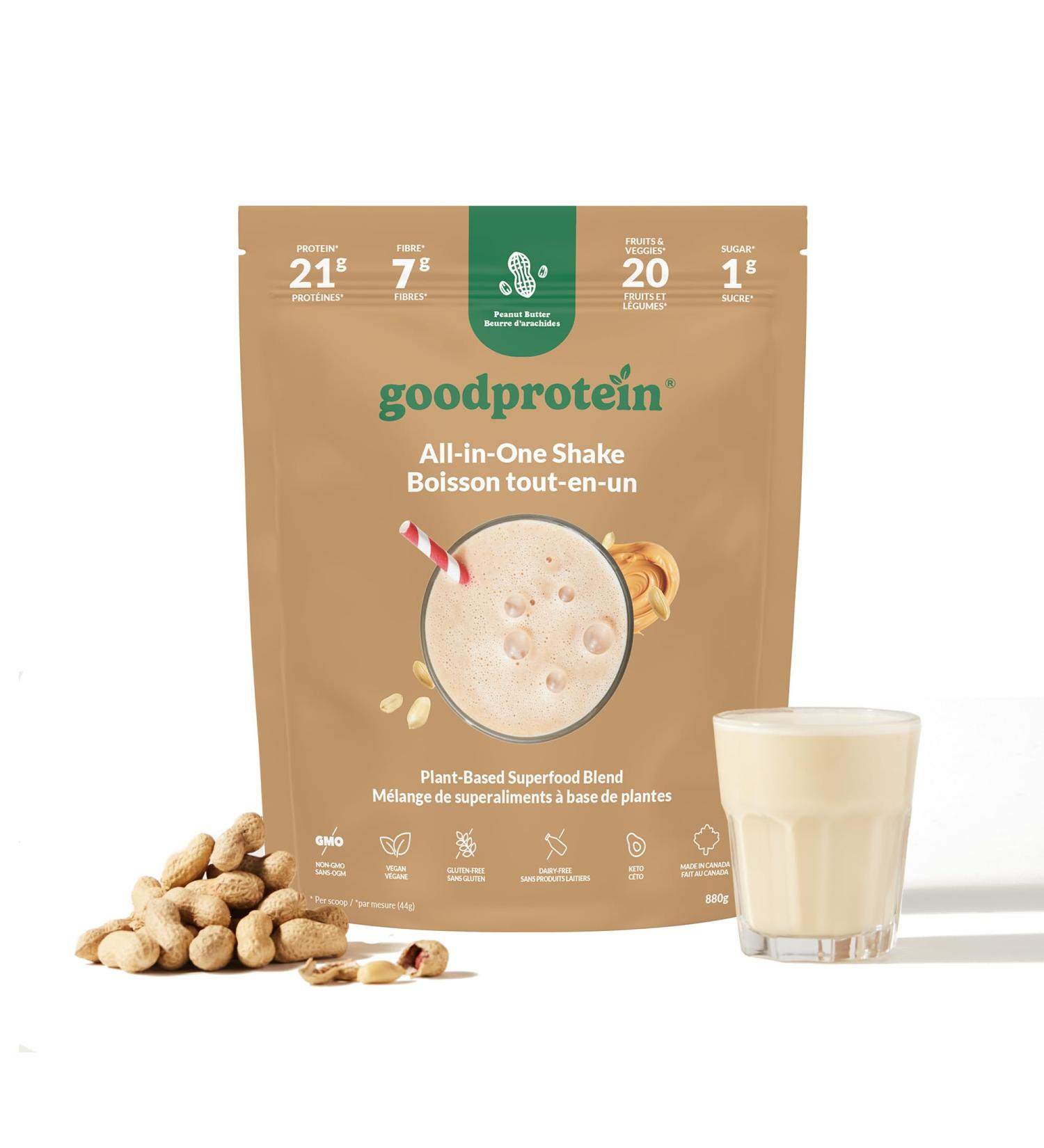 Good Protein Vegan Plant-based Protein Powder 100% Natural Non-GMO Dairy-free Gluten-free Soy-free No Added Sugar and Nothing Artificial. Peanut Butter All-in-One Shake 880 grams Peanut Butter 880 g - Buy Online on GoSupps.com