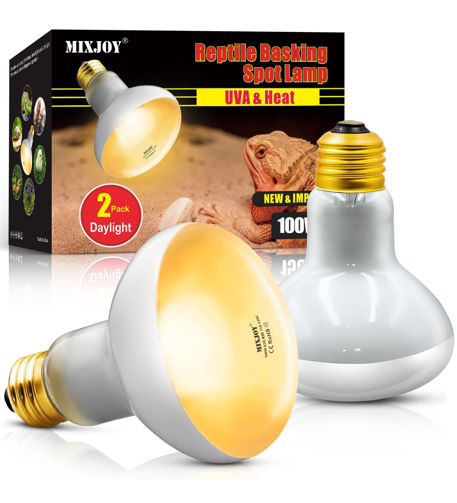 MIXJOY Reptile Heat Lamp 2 Pack 100W Reptile Heat Lamp Bulbs UVA Daylight Basking Spot Light for Reptiles and Amphibians - Lizard Tortoise Bearded Dragon - Buy Online on GoSupps.com