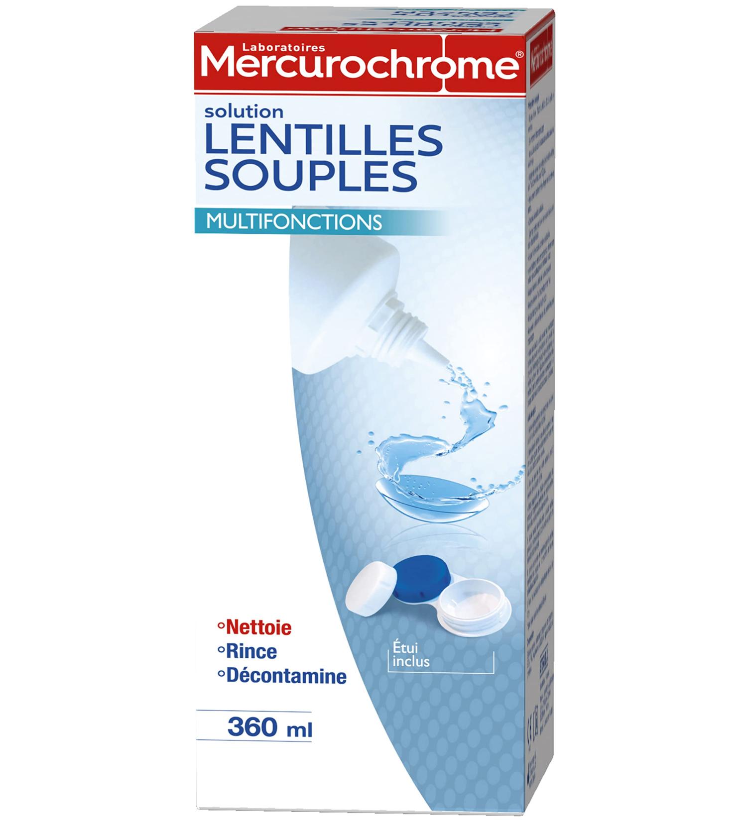 MERCUROCHROME - Solution Lentilles Souples - Nettoyage - D contamination - Rin age - Conservation - Humectage - Antid p t de prot ines - Etui inclus - 360 mL Incolore 360 ml (Lot de 1) - Buy Online on GoSupps.com