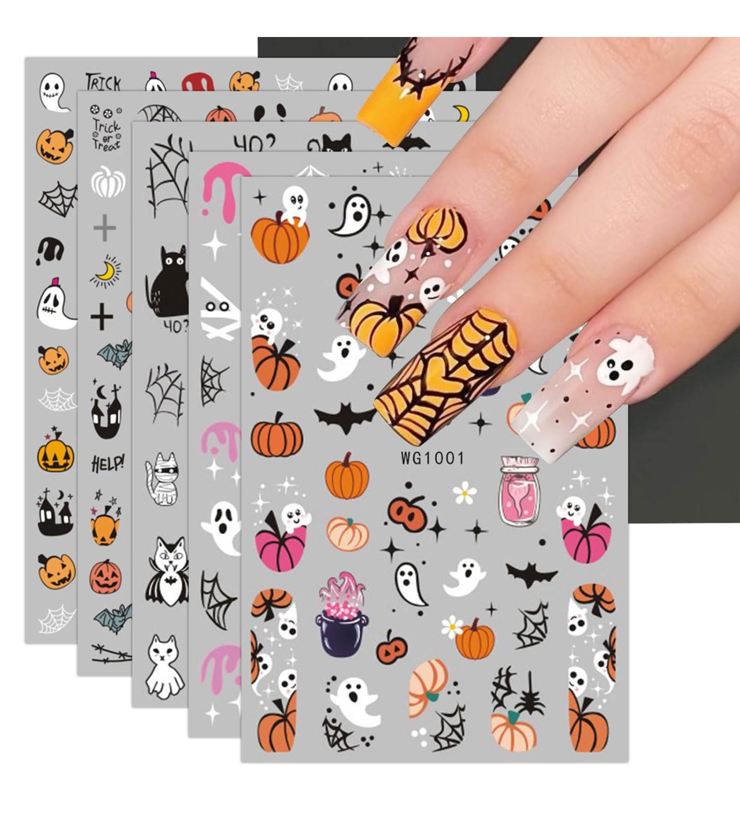 Halloween Nail Stickers 16 Sheets Self-Adhesive Nail Decal Pumpkin Ghosts Cobweb Nail Art Decoration Design Supplies - Buy Online on GoSupps.com